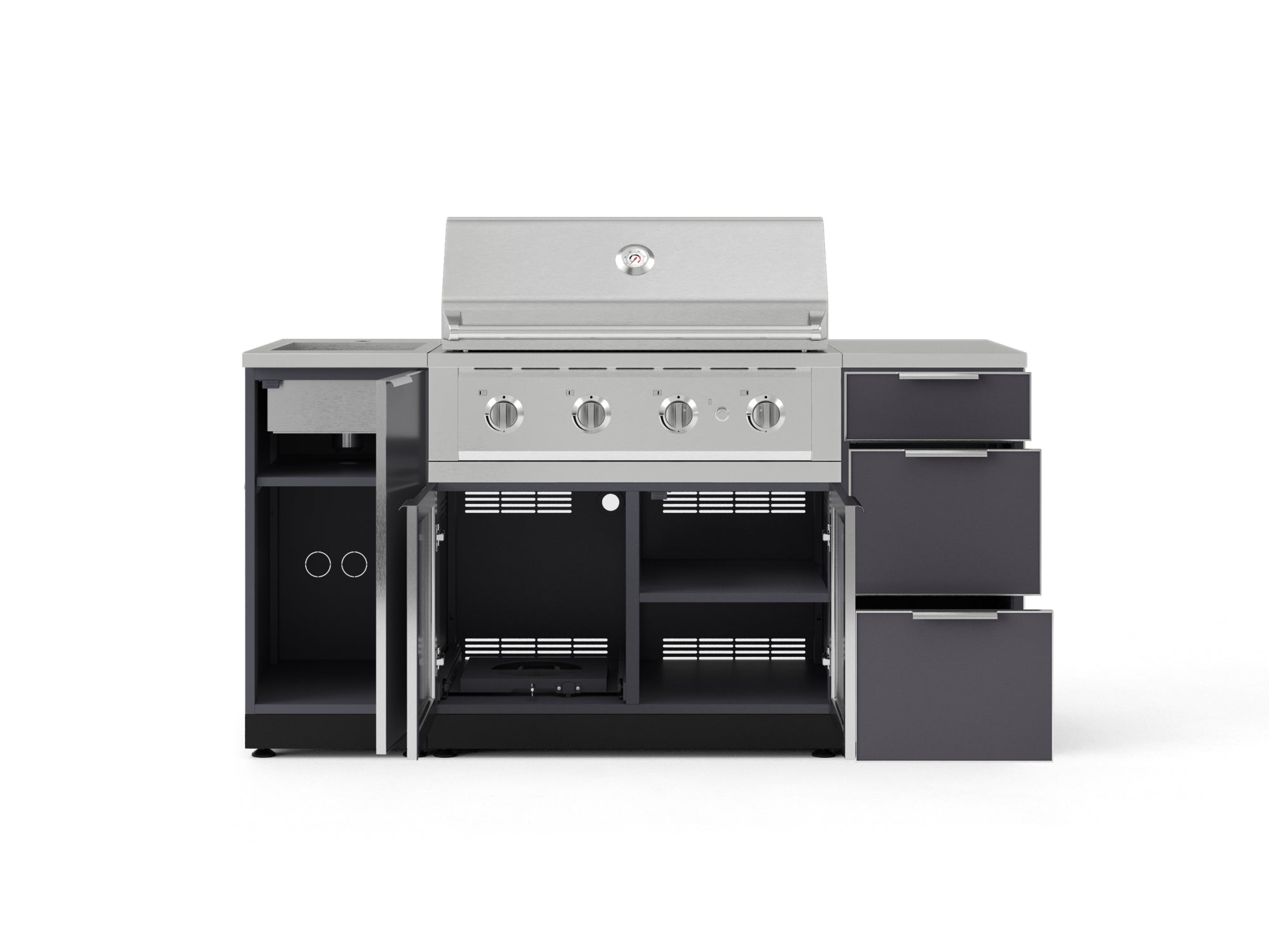 Outdoor Grill Island Aluminum 5 Piece Cabinet Set with Sink, 3 Drawer, Grill Cabinet, Performance Grill and Countertop