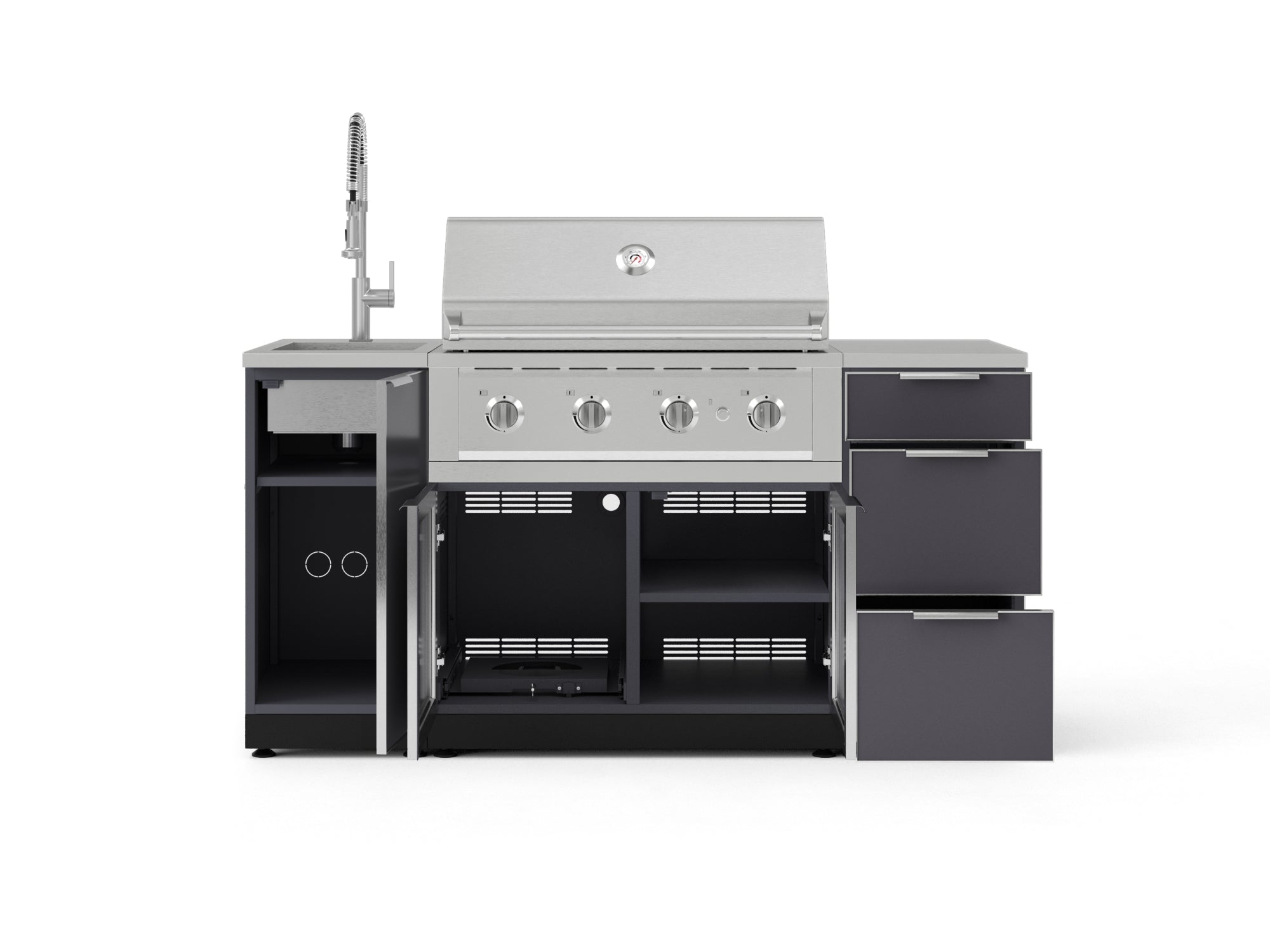 Outdoor Grill Island Aluminum 5 Piece Cabinet Set with Sink, 3 Drawer, Grill Cabinet, Performance Grill and Countertop