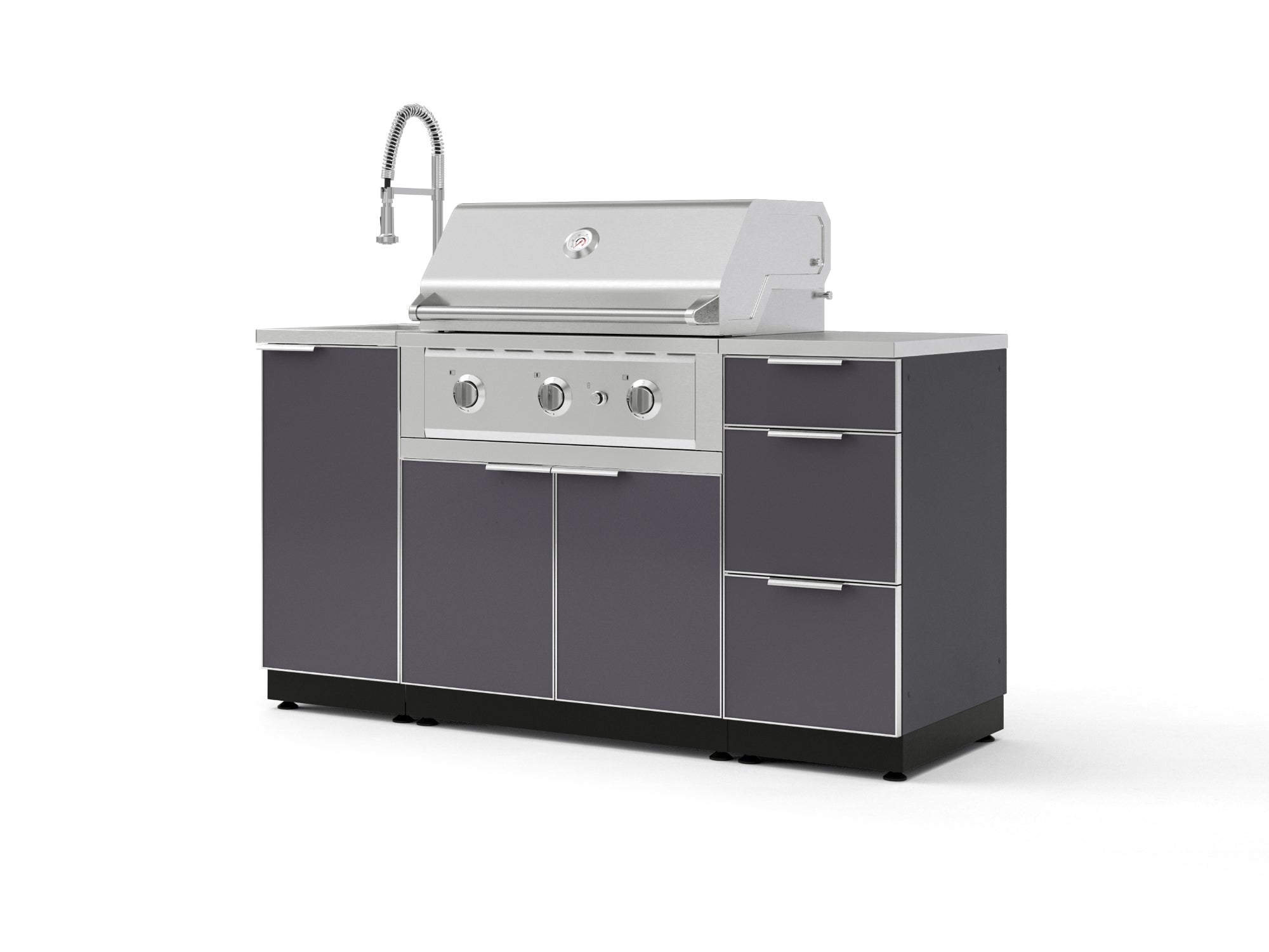 Outdoor Grill Island Aluminum 5 Piece Cabinet Set with Sink, 3 Drawer, Grill Cabinet, Performance Grill and Countertop