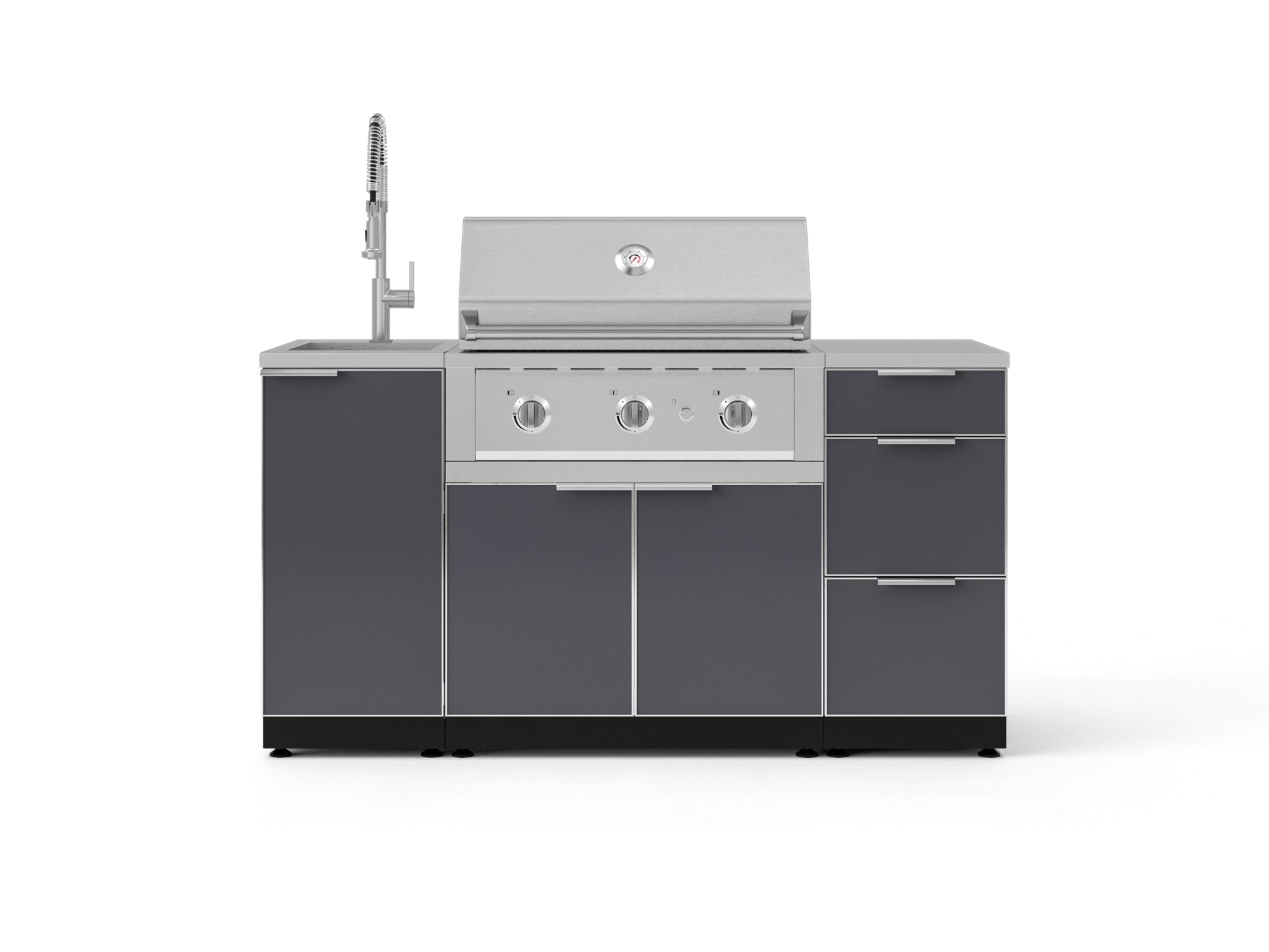Outdoor Grill Island Aluminum 5 Piece Cabinet Set with Sink, 3 Drawer, Grill Cabinet, Performance Grill and Countertop