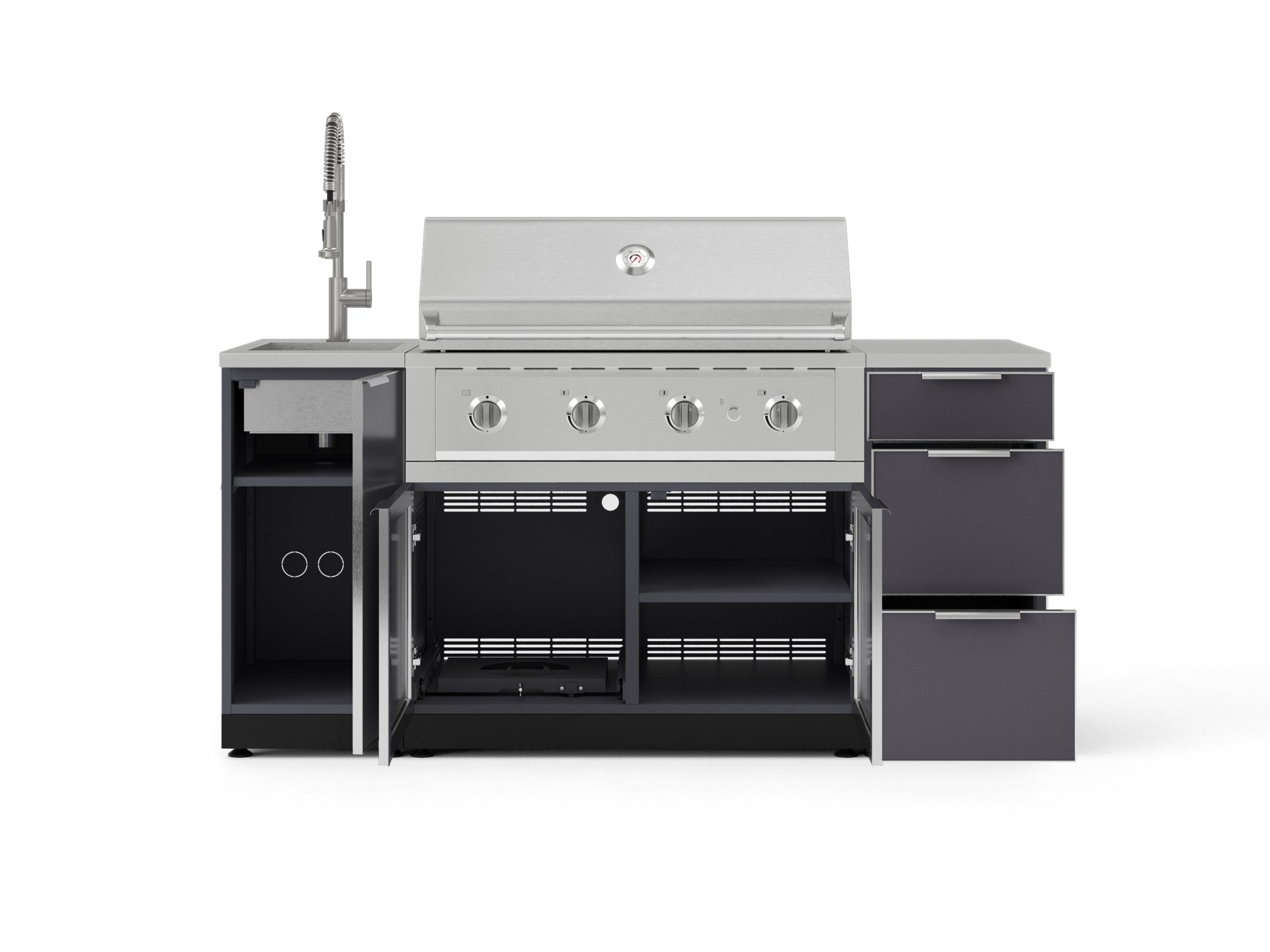 Outdoor Grill Island Aluminum 5 Piece Cabinet Set with Sink, 3 Drawer, Grill Cabinet, Performance Grill and Countertop