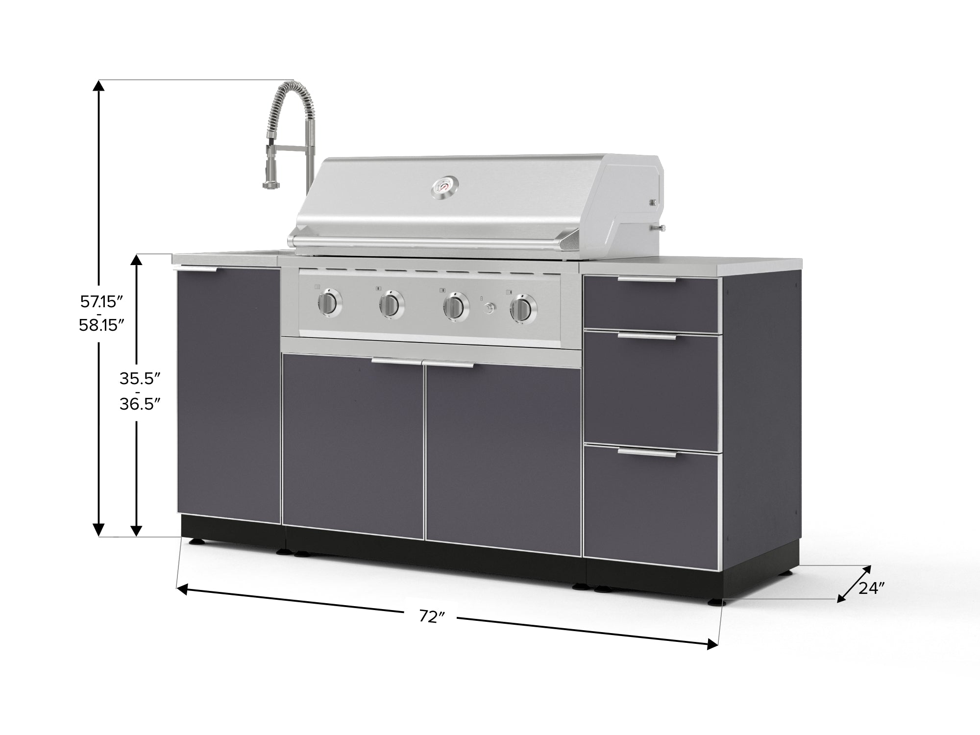 Outdoor Grill Island Aluminum 5 Piece Cabinet Set with Sink, 3 Drawer, Grill Cabinet, Performance Grill and Countertop