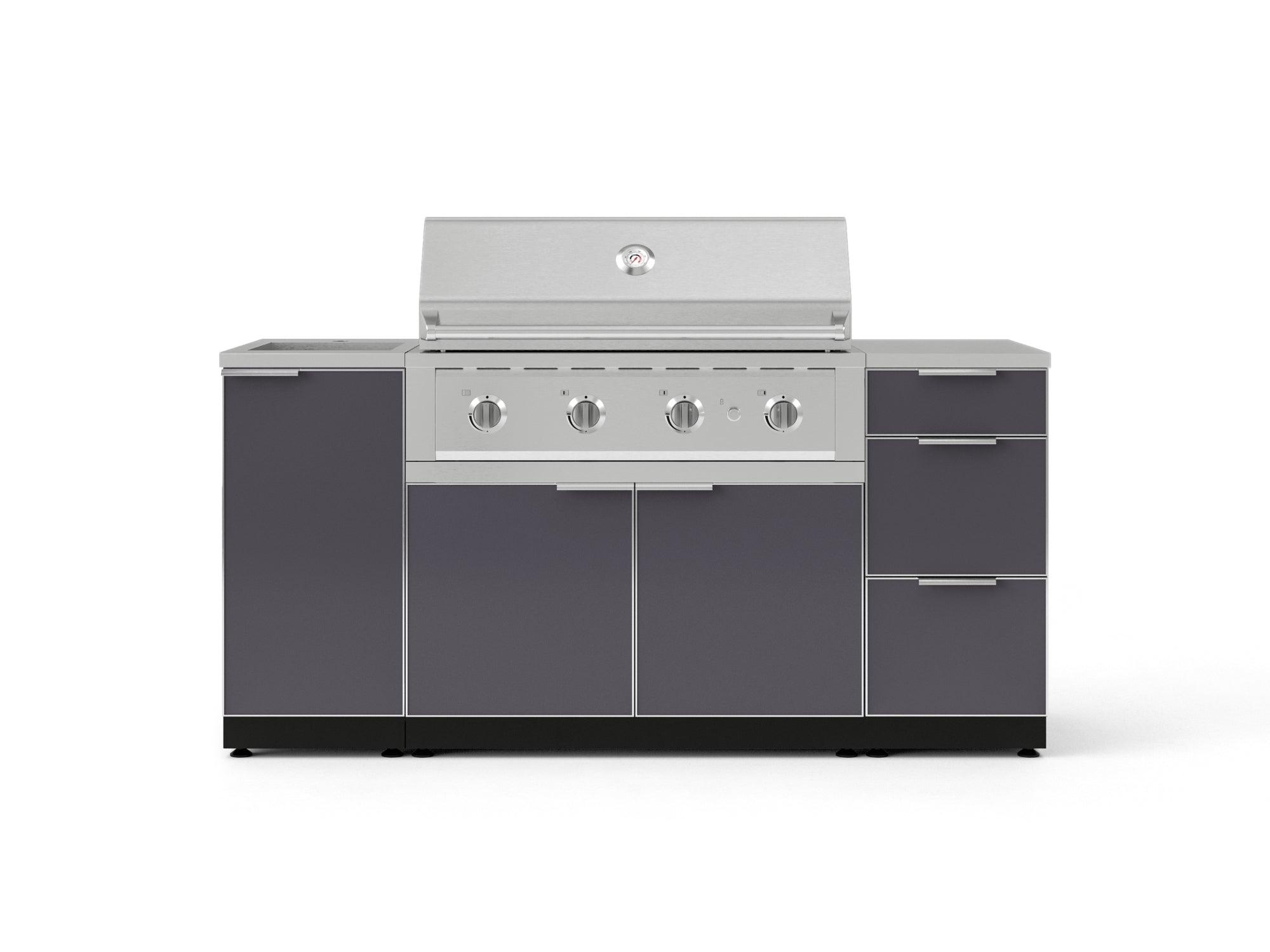 Outdoor Grill Island Aluminum 5 Piece Cabinet Set with Sink, 3 Drawer, Grill Cabinet, Performance Grill and Countertop