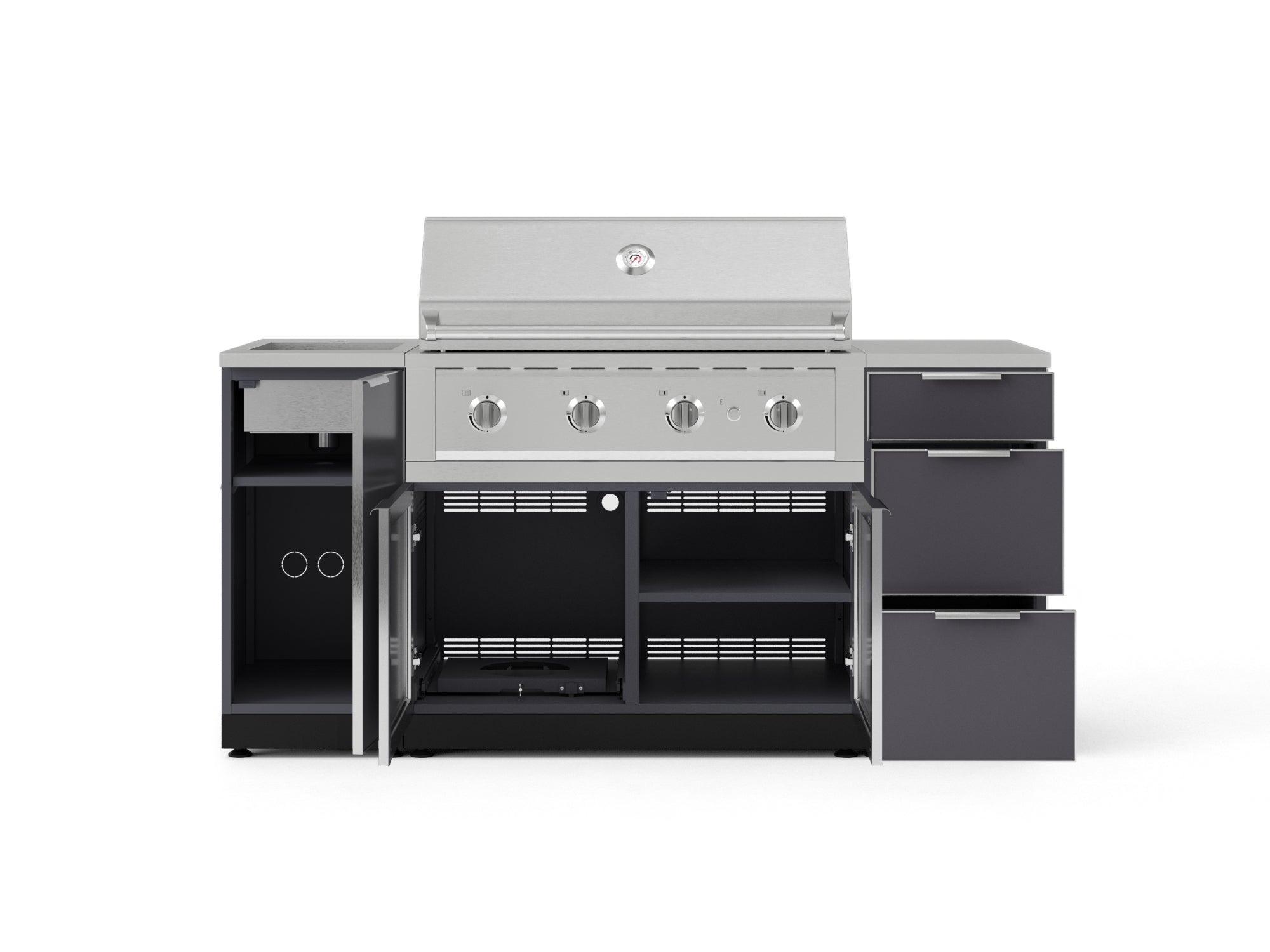 Outdoor Grill Island Aluminum 5 Piece Cabinet Set with Sink, 3 Drawer, Grill Cabinet, Performance Grill and Countertop