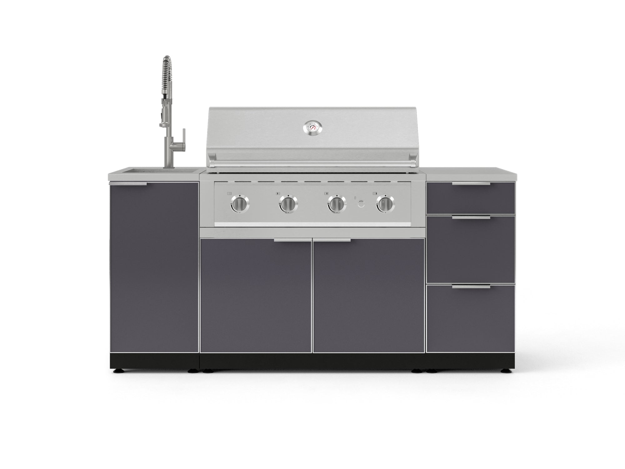 Outdoor Grill Island Aluminum 5 Piece Cabinet Set with Sink, 3 Drawer, Grill Cabinet, Performance Grill and Countertop