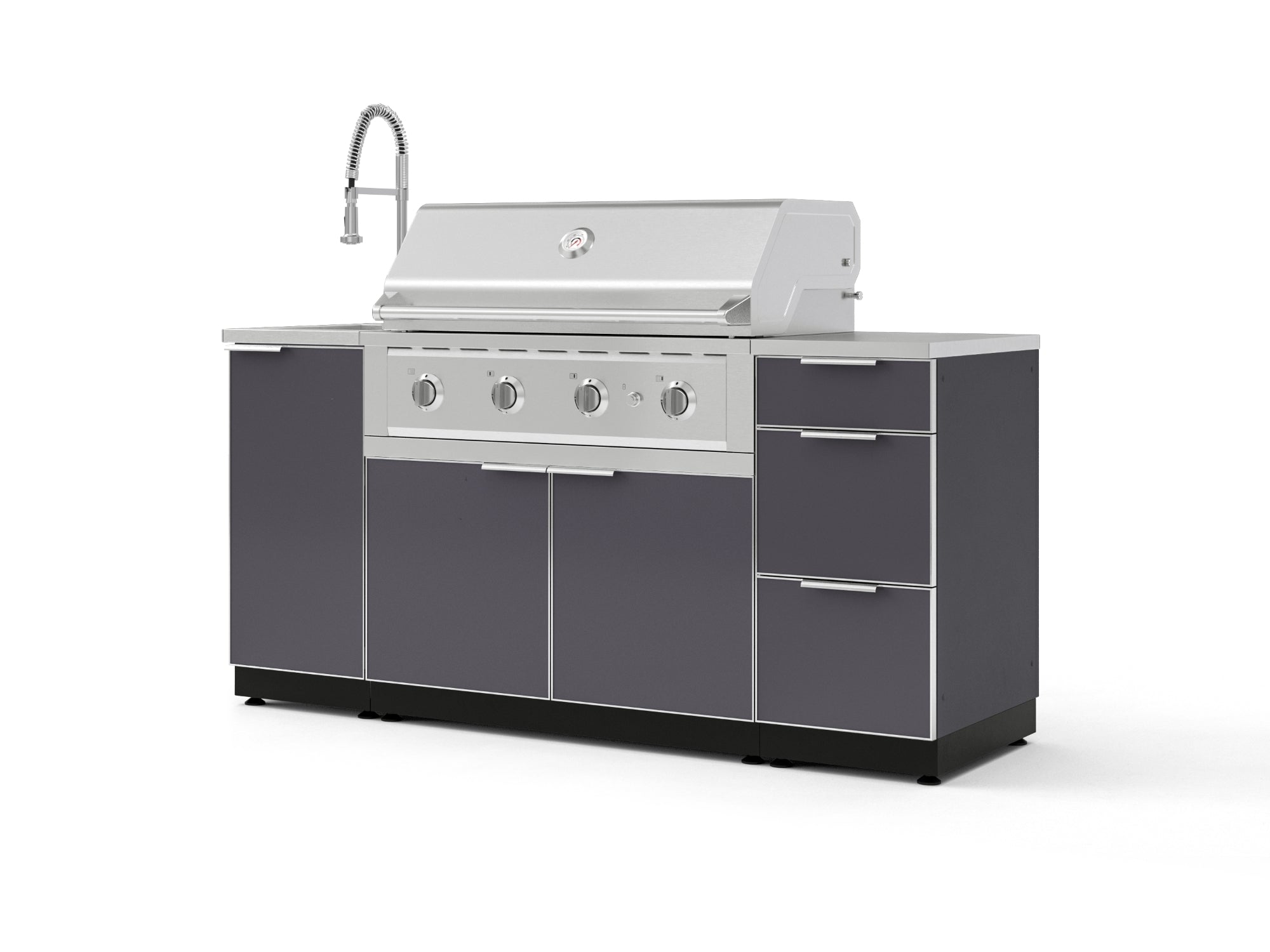 Outdoor Grill Island Aluminum 5 Piece Cabinet Set with Sink, 3 Drawer, Grill Cabinet, Performance Grill and Countertop