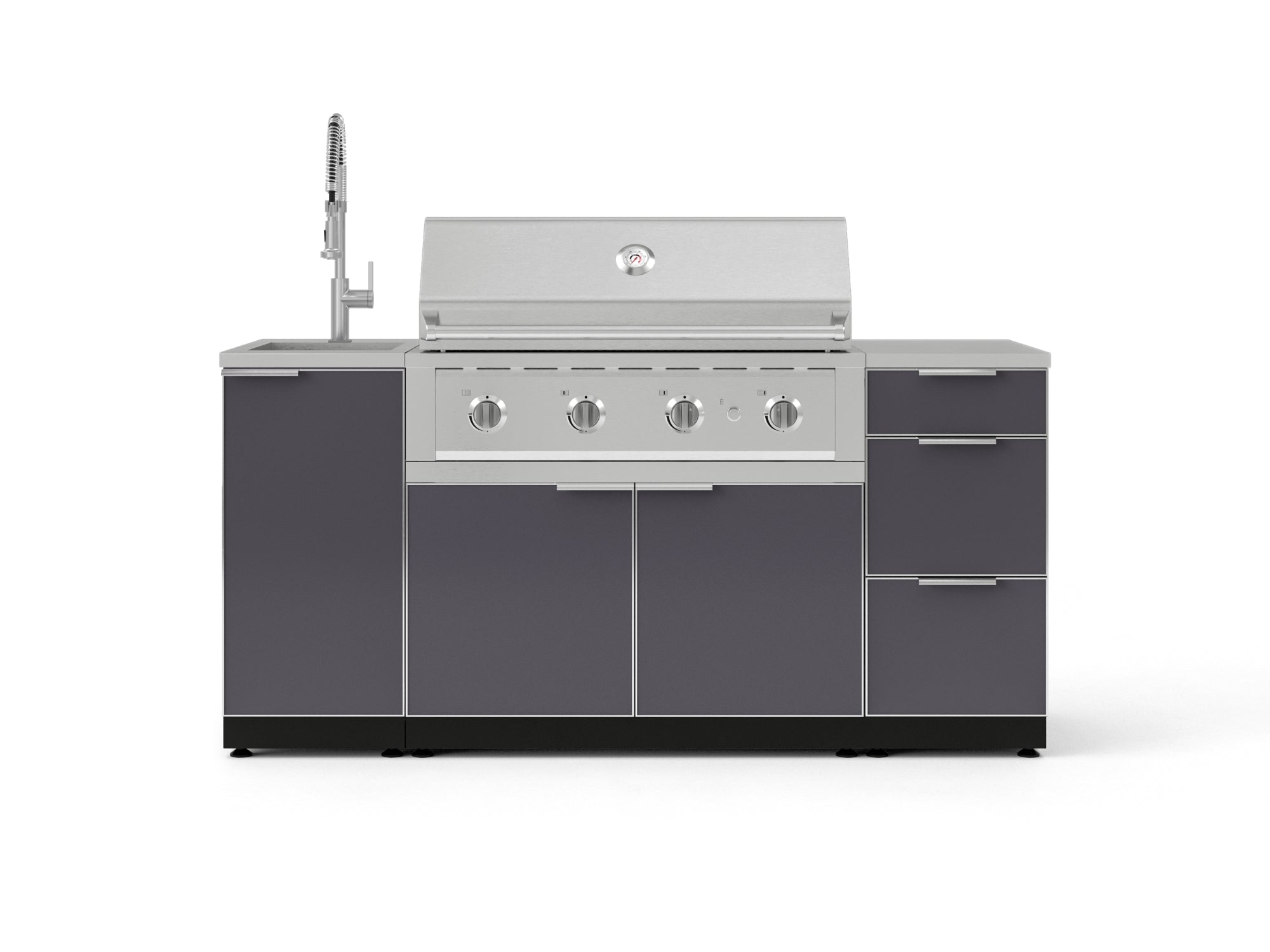 Outdoor Grill Island Aluminum 5 Piece Cabinet Set with Sink, 3 Drawer, Grill Cabinet, Performance Grill and Countertop
