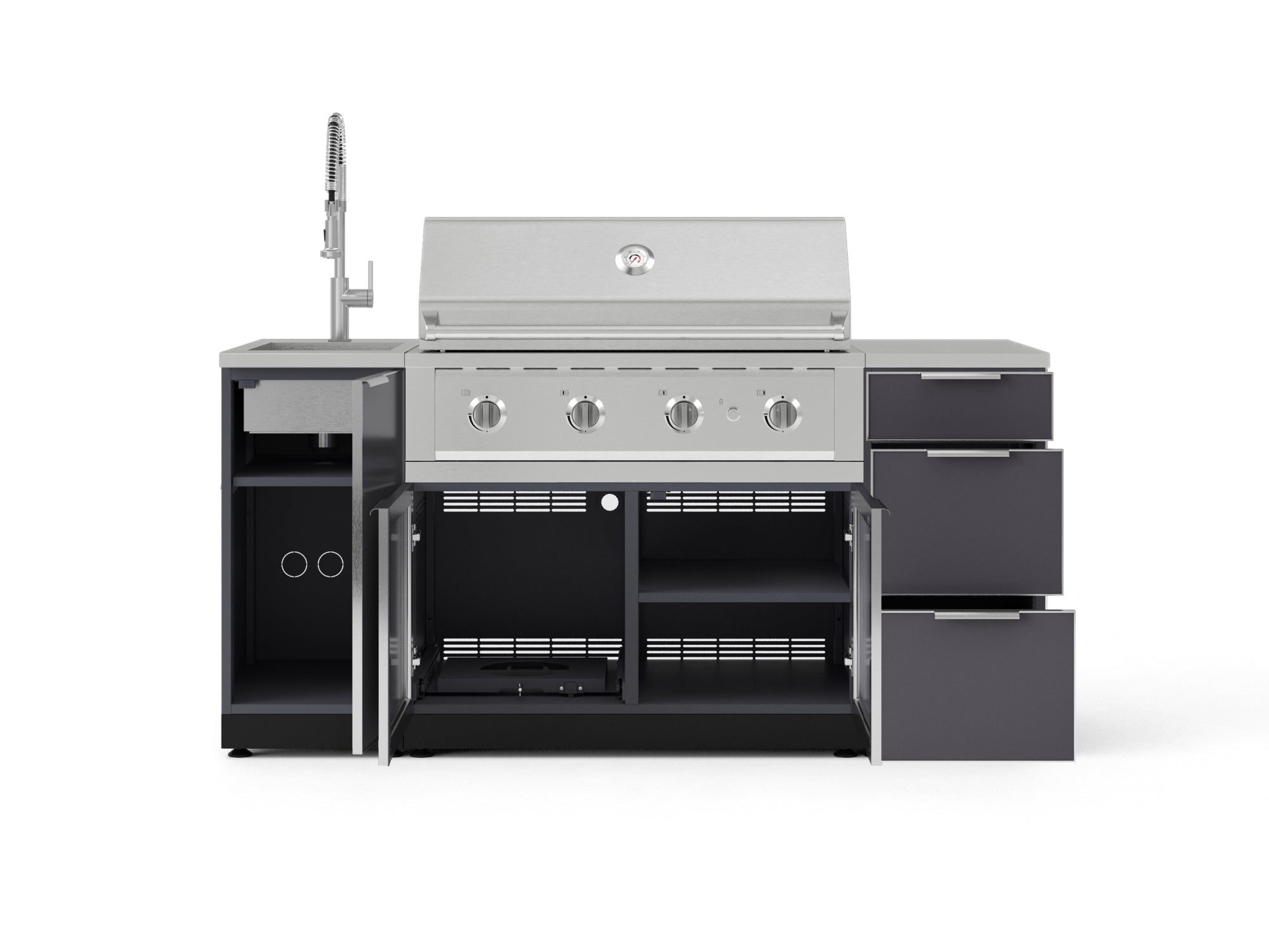 Outdoor Grill Island Aluminum 5 Piece Cabinet Set with Sink, 3 Drawer, Grill Cabinet, Performance Grill and Countertop