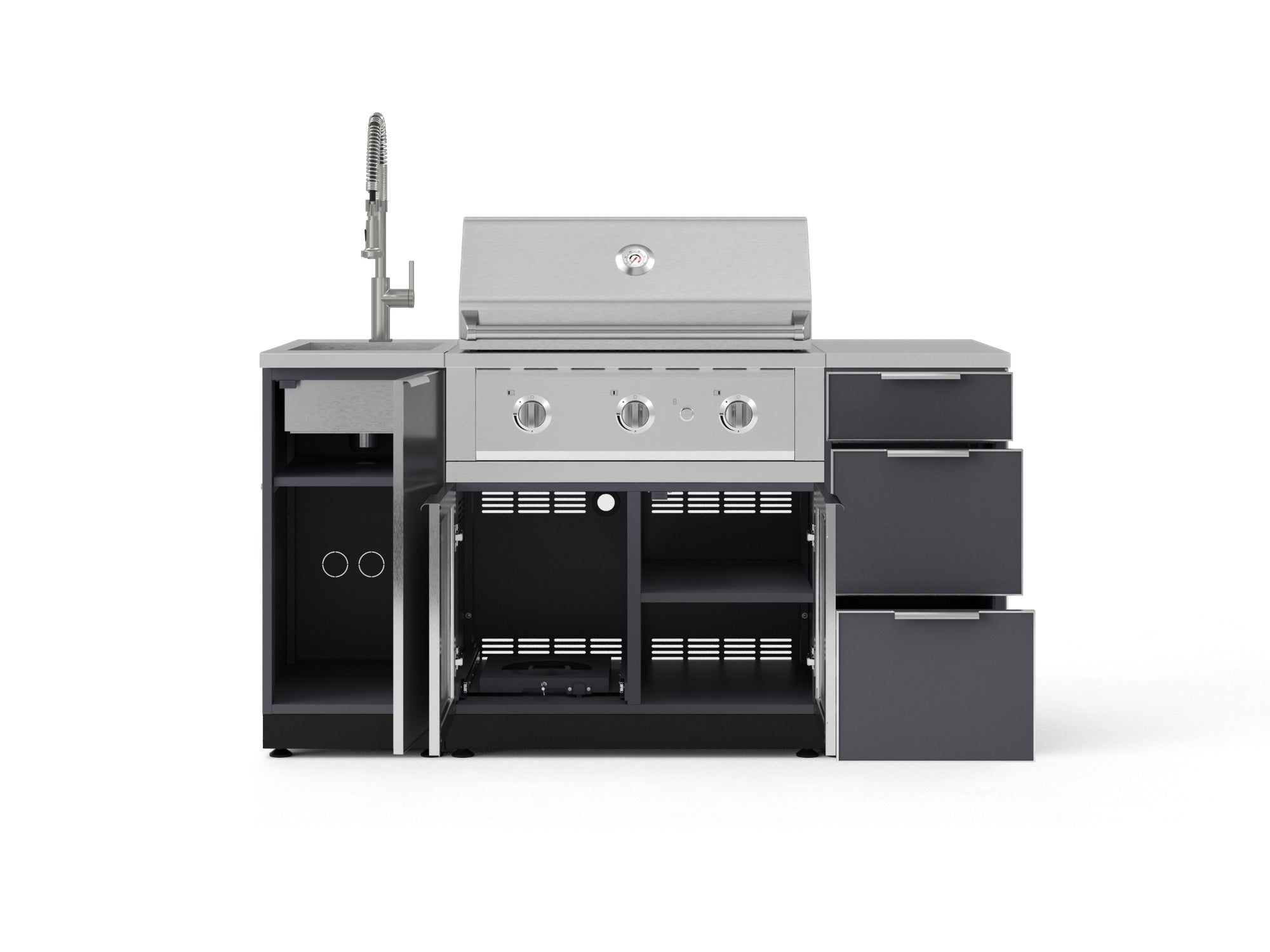 Outdoor Grill Island Aluminum 5 Piece Cabinet Set with Sink, 3 Drawer, Grill Cabinet, Performance Grill and Countertop