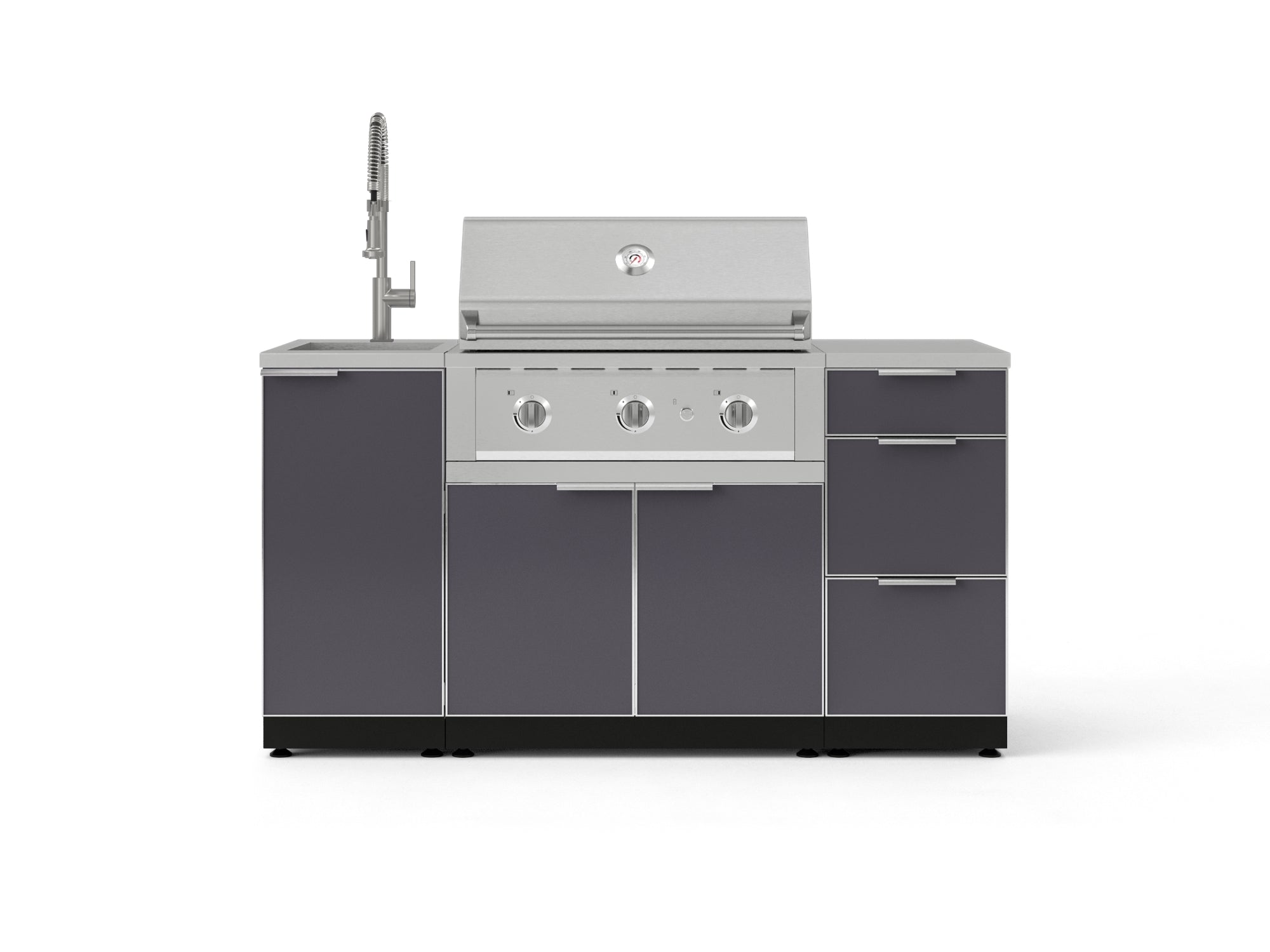 Outdoor Grill Island Aluminum 5 Piece Cabinet Set with Sink, 3 Drawer, Grill Cabinet, Performance Grill and Countertop