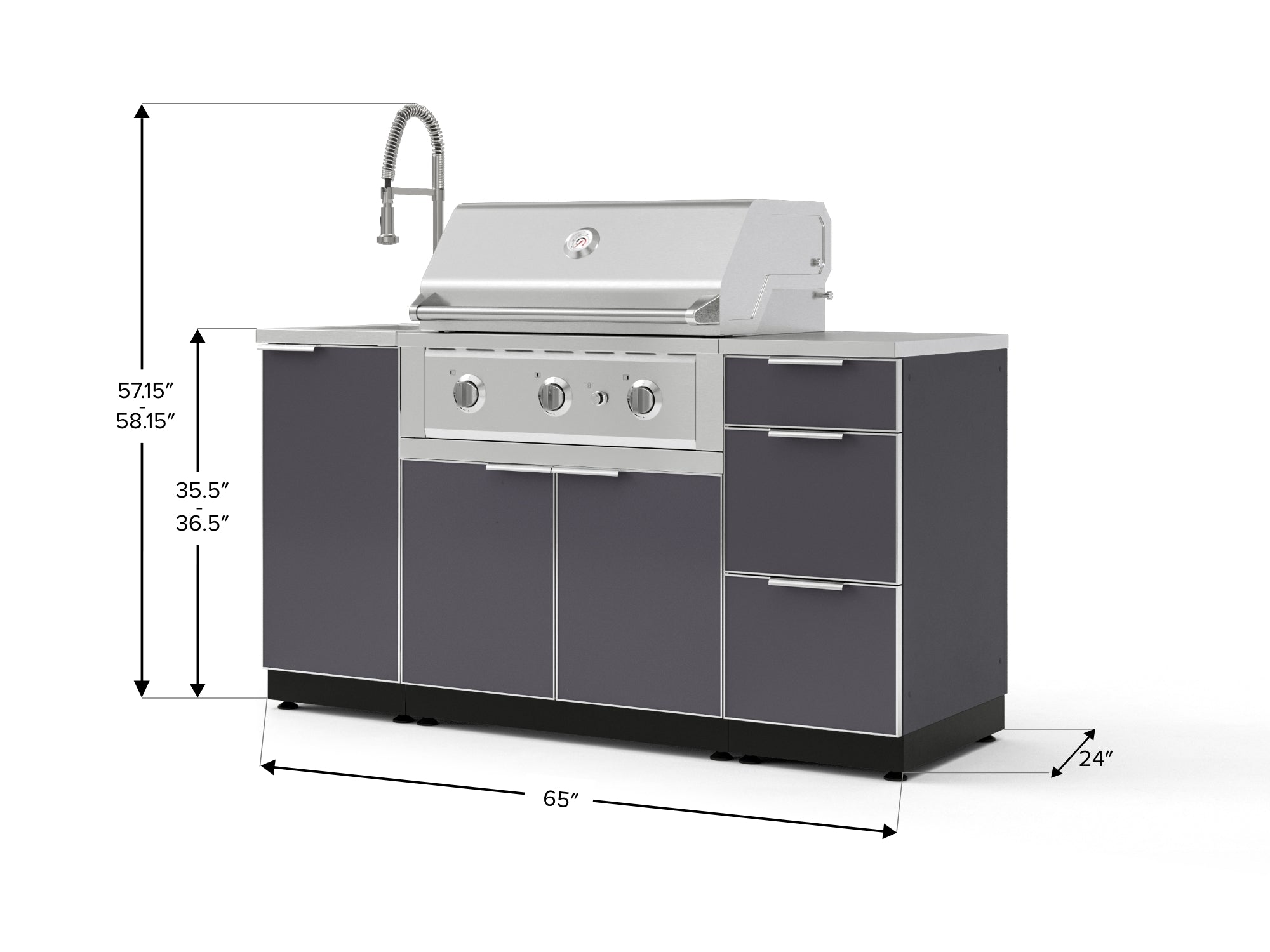 Outdoor Grill Island Aluminum 5 Piece Cabinet Set with Sink, 3 Drawer, Grill Cabinet, Performance Grill and Countertop