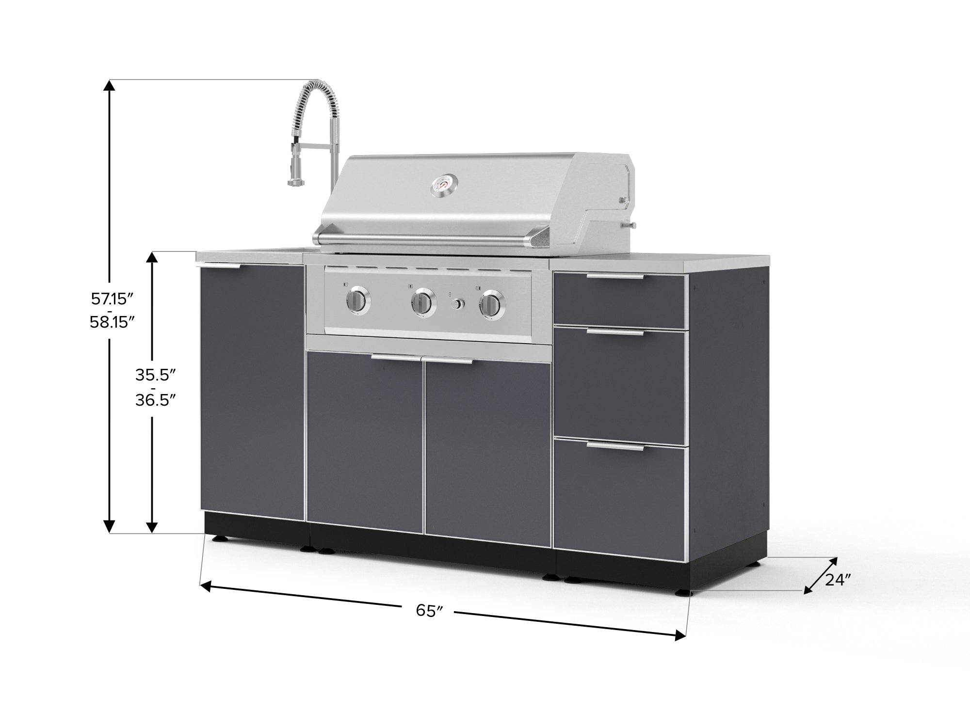 Outdoor Grill Island Aluminum 5 Piece Cabinet Set with Sink, 3 Drawer, Grill Cabinet, Performance Grill and Countertop