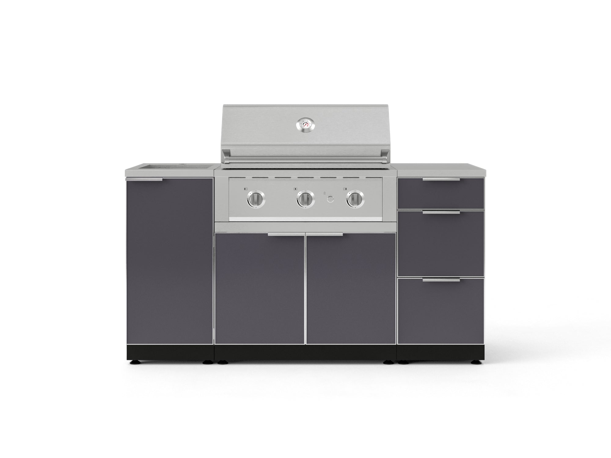 Outdoor Grill Island Aluminum 5 Piece Cabinet Set with Sink, 3 Drawer, Grill Cabinet, Performance Grill and Countertop
