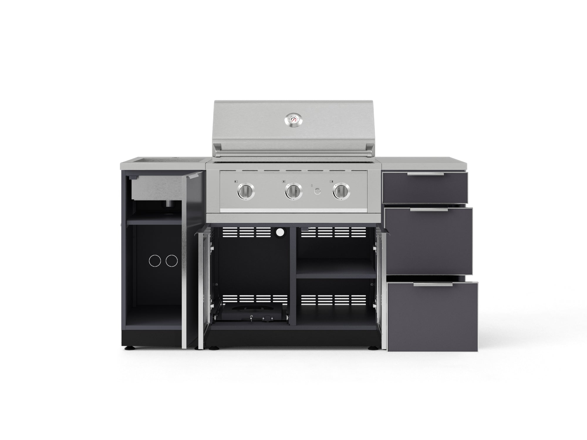 Outdoor Grill Island Aluminum 5 Piece Cabinet Set with Sink, 3 Drawer, Grill Cabinet, Performance Grill and Countertop
