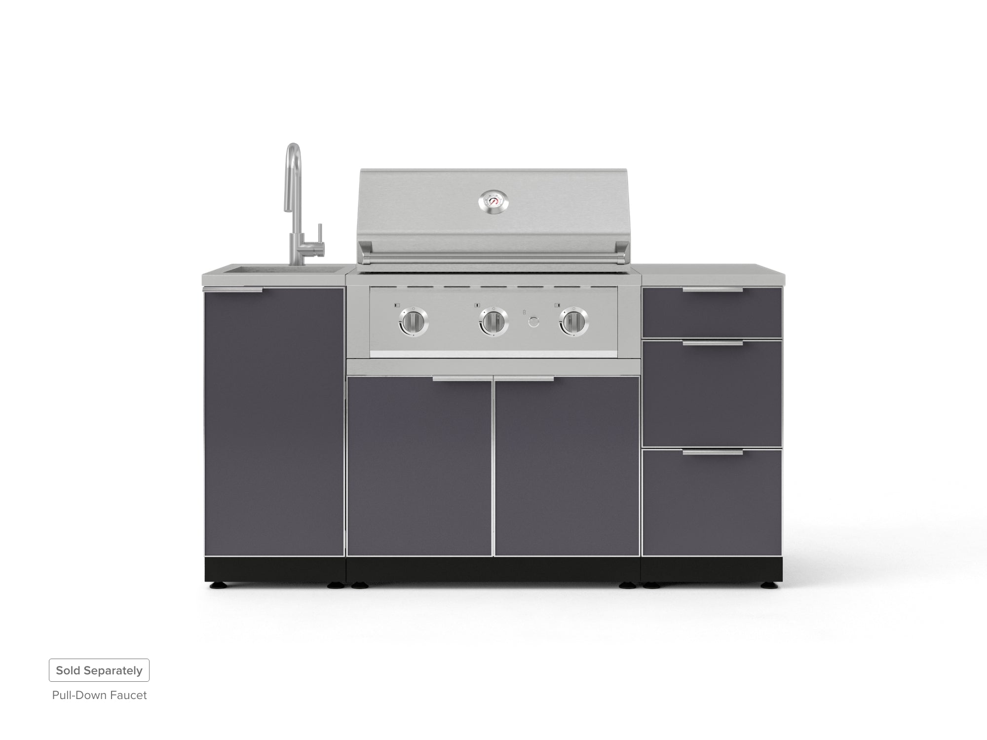 Outdoor Grill Island Aluminum 5 Piece Cabinet Set with Sink, 3 Drawer, Grill Cabinet, Performance Grill and Countertop