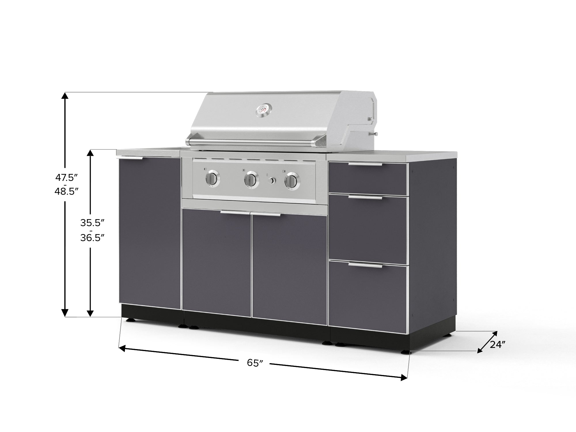 Outdoor Grill Island Aluminum 5 Piece Cabinet Set with Sink, 3 Drawer, Grill Cabinet, Performance Grill and Countertop