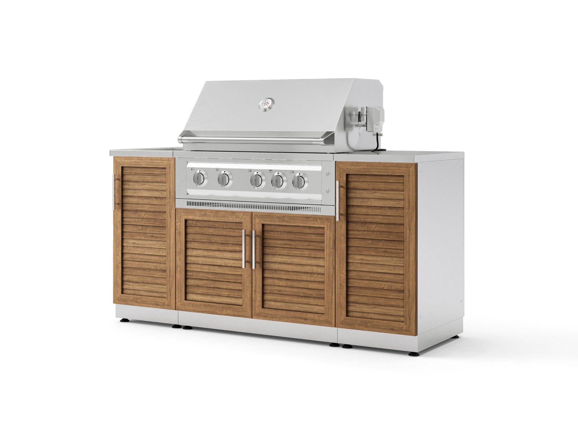 Outdoor Grill Island Stainless-Steel 5 Piece Cabinet Set with Sink, 1 Door, Grill Cabinet, Platinum Grill and Stainless Steel Countertop