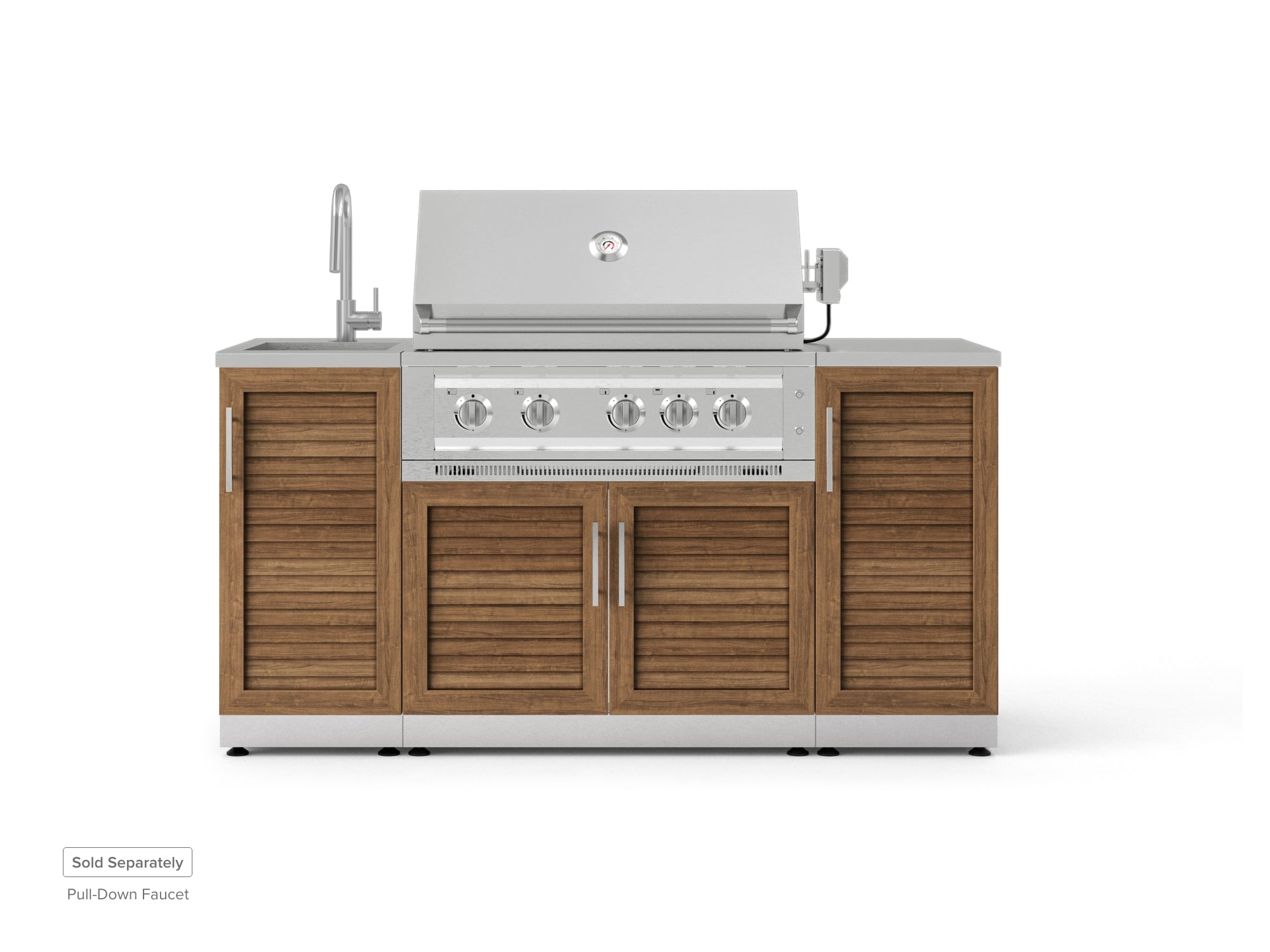 Outdoor Grill Island Stainless-Steel 5 Piece Cabinet Set with Sink, 1 Door, Grill Cabinet, Platinum Grill and Stainless Steel Countertop