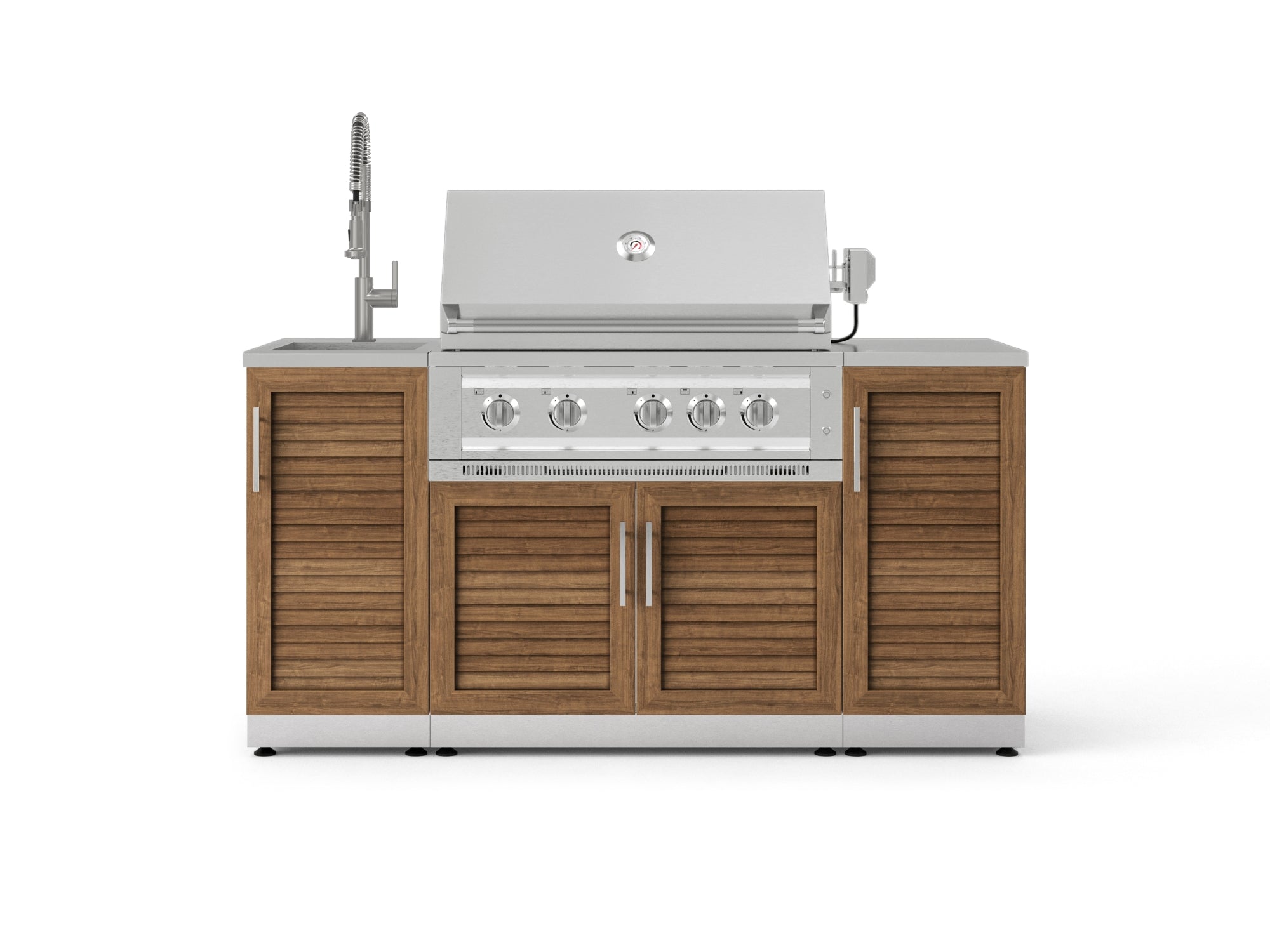Outdoor Grill Island Stainless-Steel 5 Piece Cabinet Set with Sink, 1 Door, Grill Cabinet, Platinum Grill and Stainless Steel Countertop