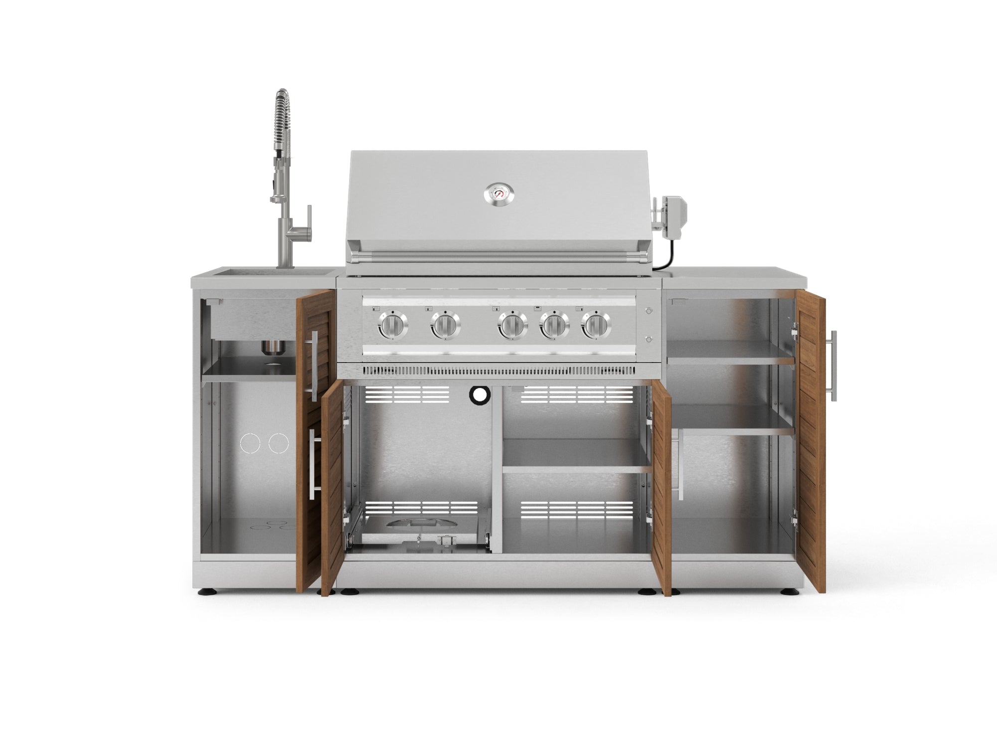 Outdoor Grill Island Stainless-Steel 5 Piece Cabinet Set with Sink, 1 Door, Grill Cabinet, Platinum Grill and Stainless Steel Countertop