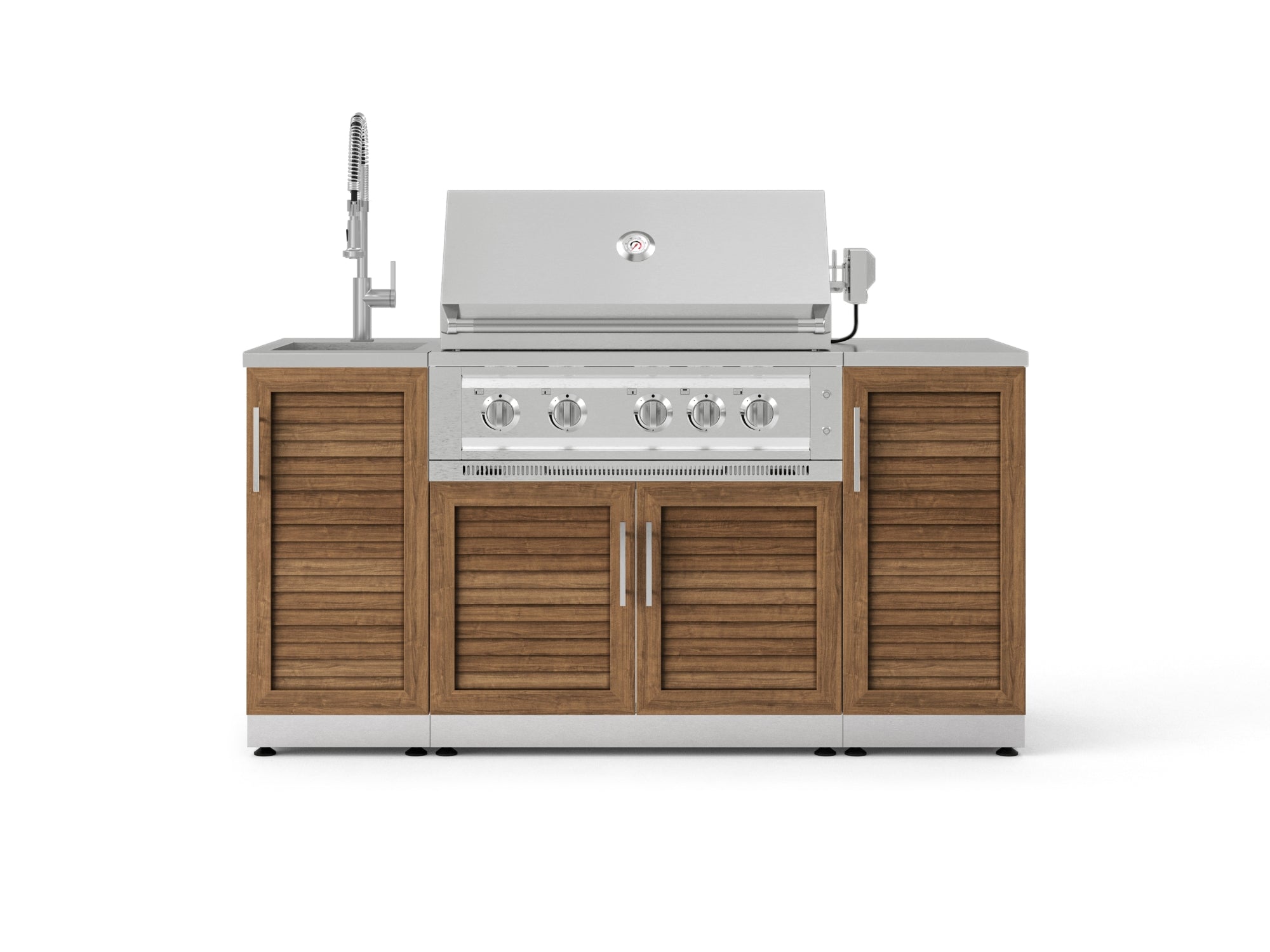 Outdoor Grill Island Stainless-Steel 5 Piece Cabinet Set with Sink, 1 Door, Grill Cabinet, Platinum Grill and Stainless Steel Countertop