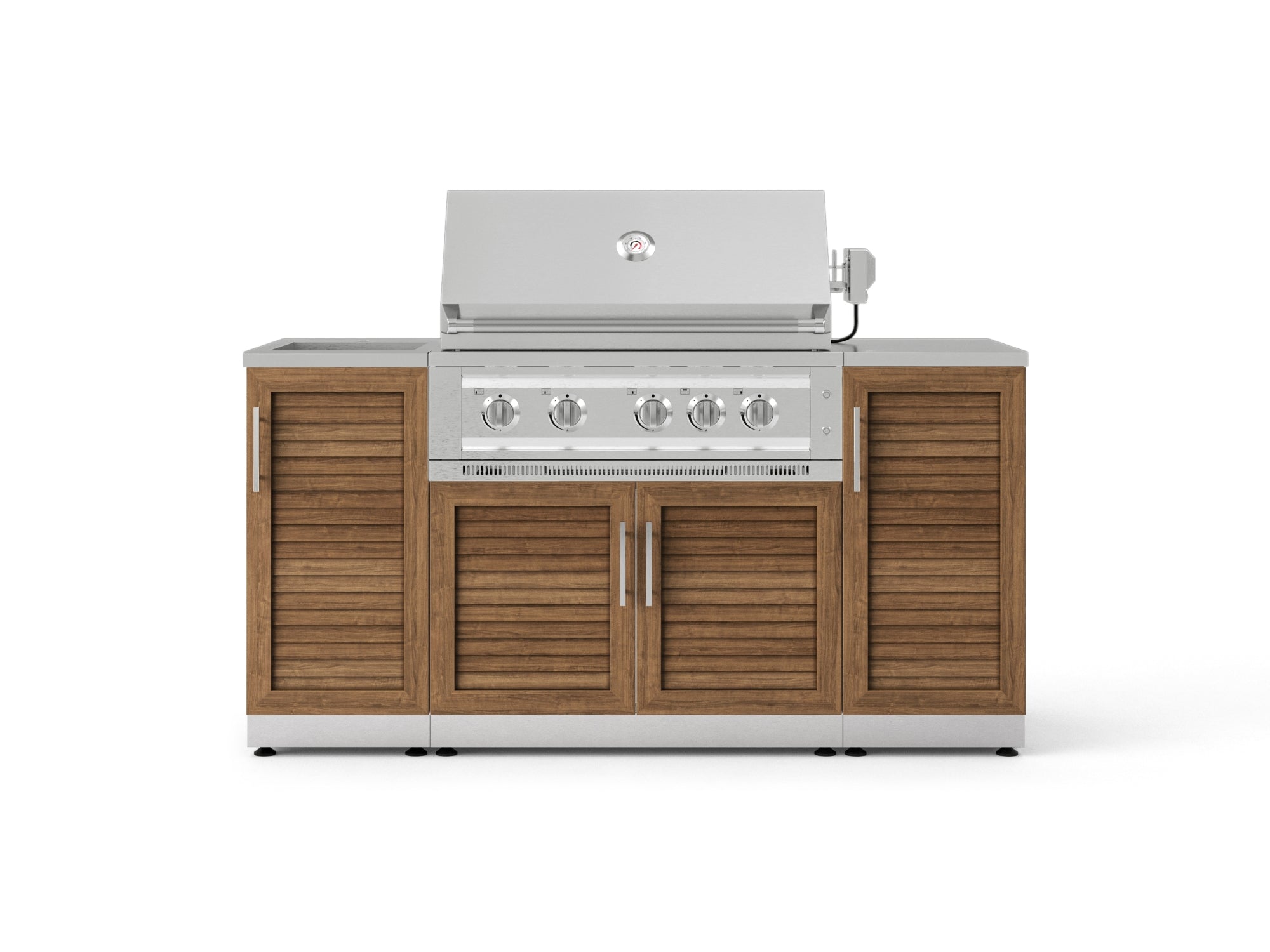 Outdoor Grill Island Stainless-Steel 5 Piece Cabinet Set with Sink, 1 Door, Grill Cabinet, Platinum Grill and Stainless Steel Countertop