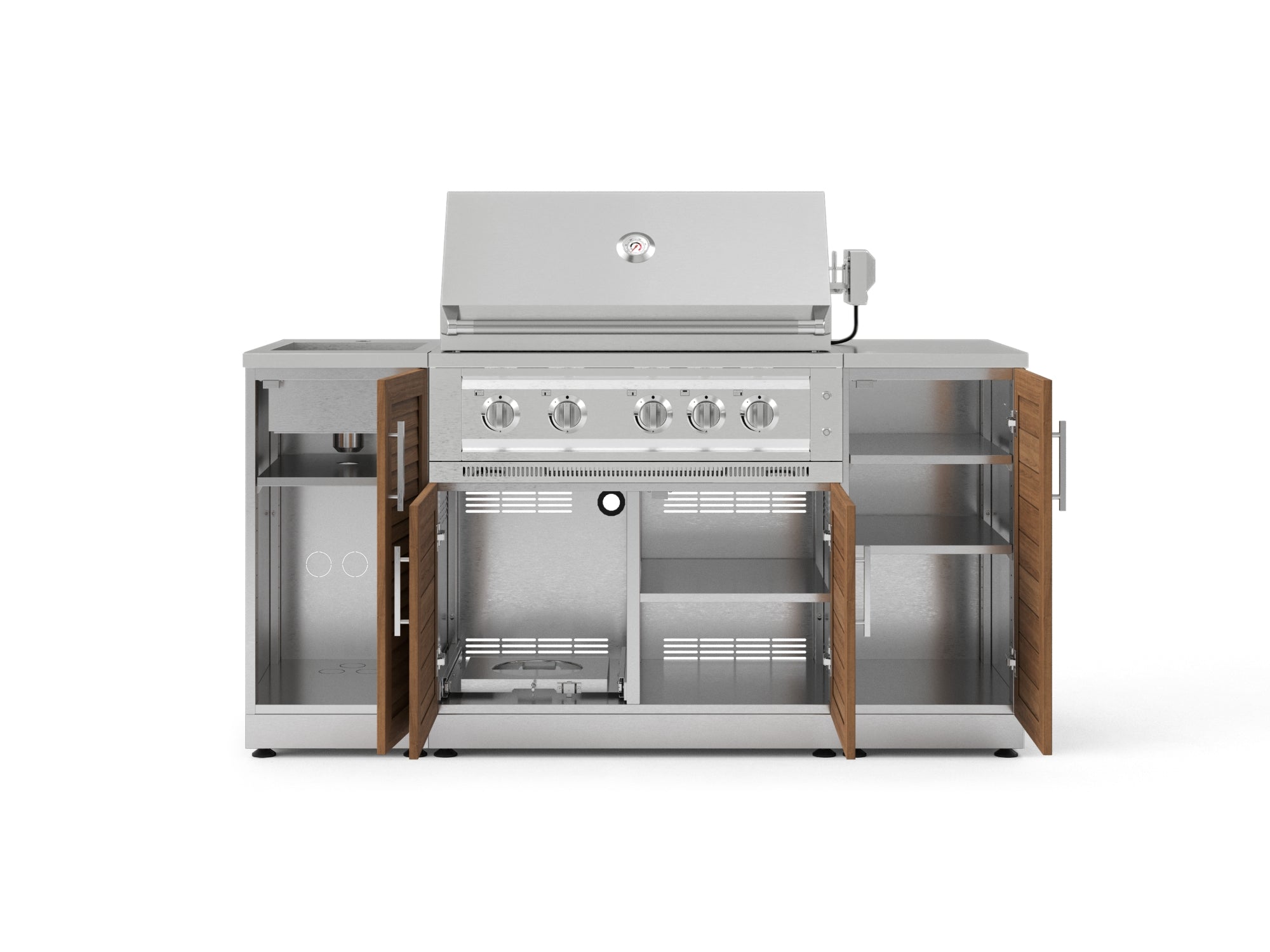 Outdoor Grill Island Stainless-Steel 5 Piece Cabinet Set with Sink, 1 Door, Grill Cabinet, Platinum Grill and Stainless Steel Countertop
