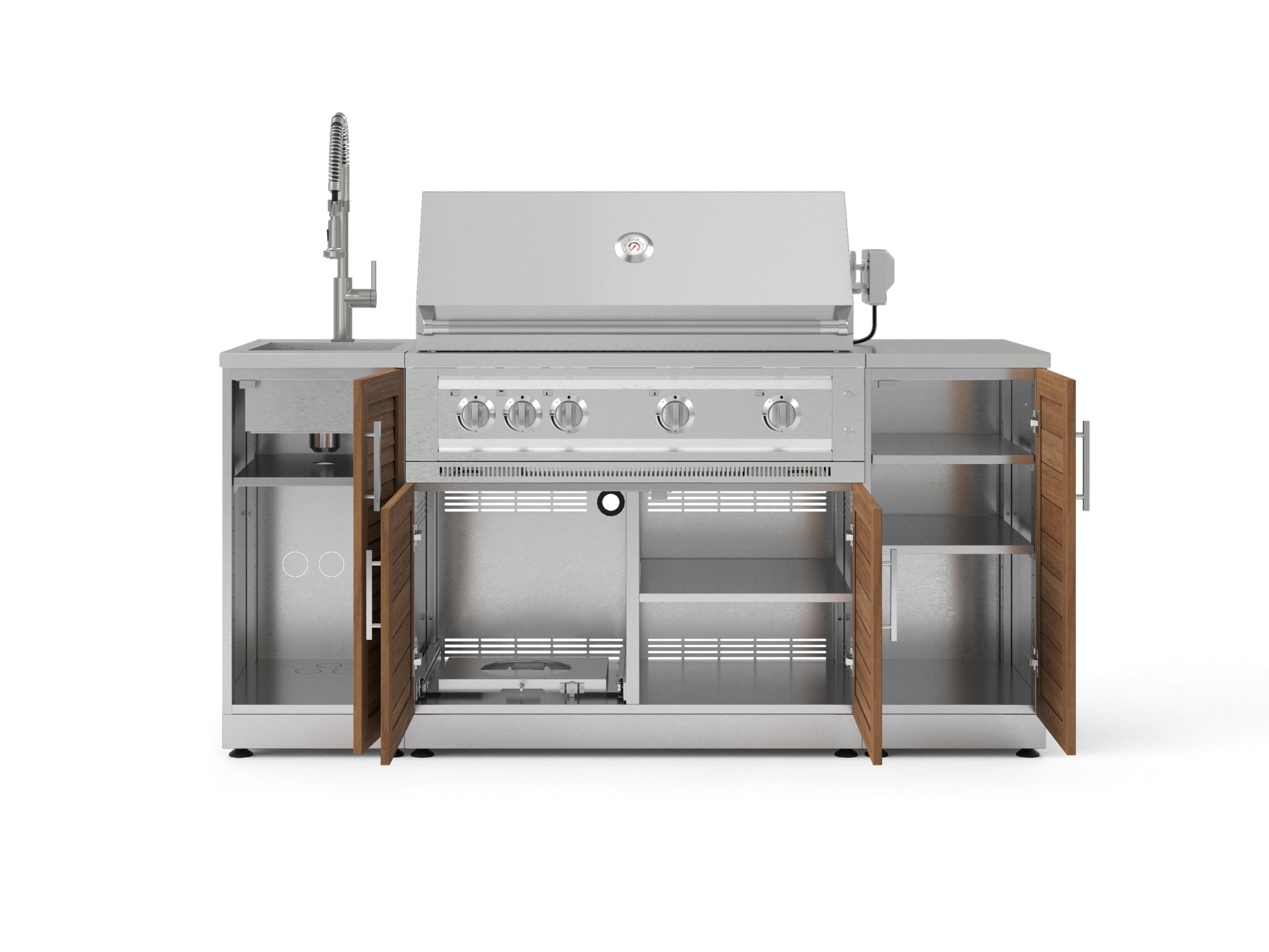 Outdoor Grill Island Stainless-Steel 5 Piece Cabinet Set with Sink, 1 Door, Grill Cabinet, Platinum Grill and Stainless Steel Countertop