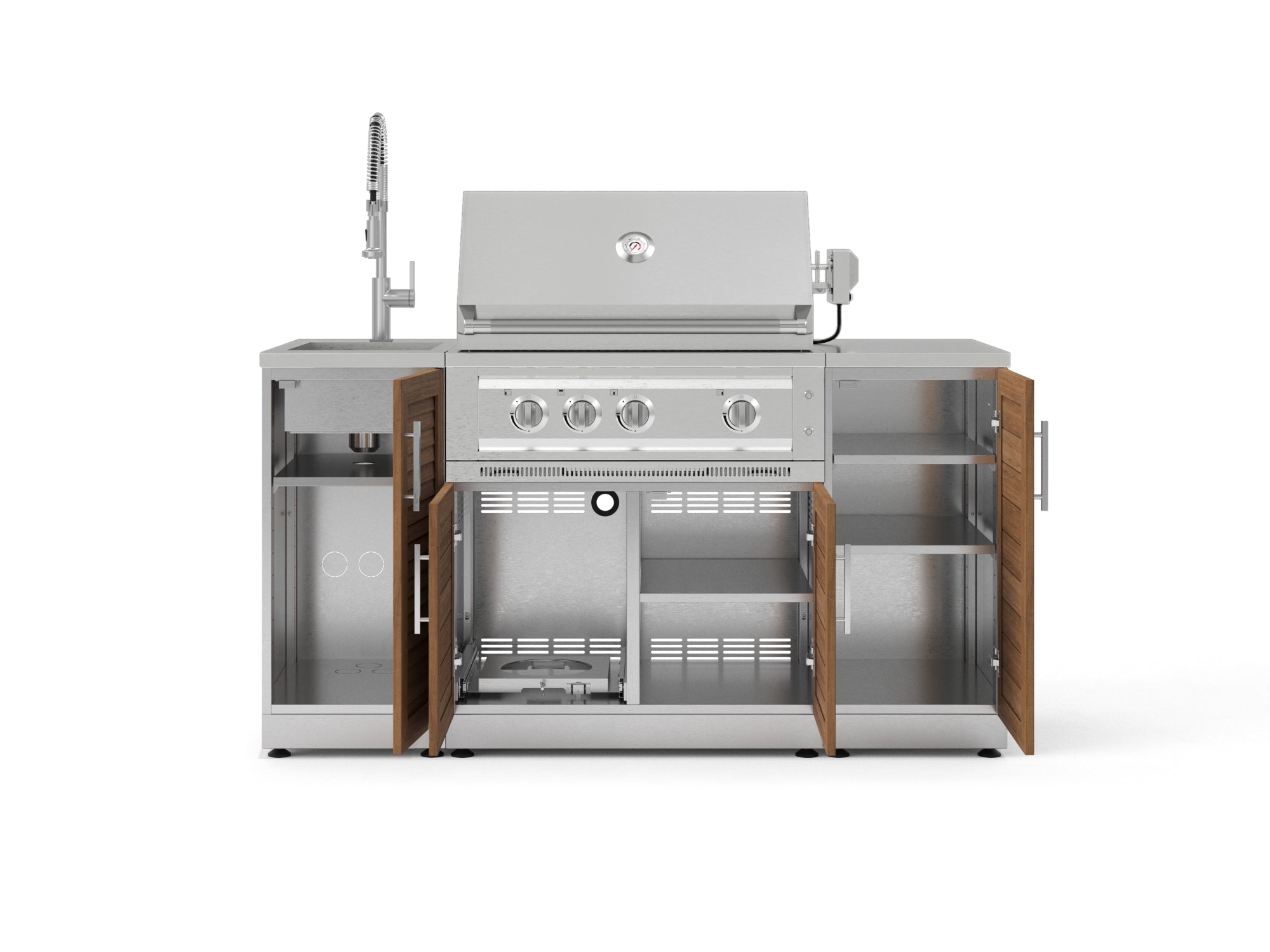 Outdoor Grill Island Stainless-Steel 5 Piece Cabinet Set with Sink, 1 Door, Grill Cabinet, Platinum Grill and Stainless Steel Countertop