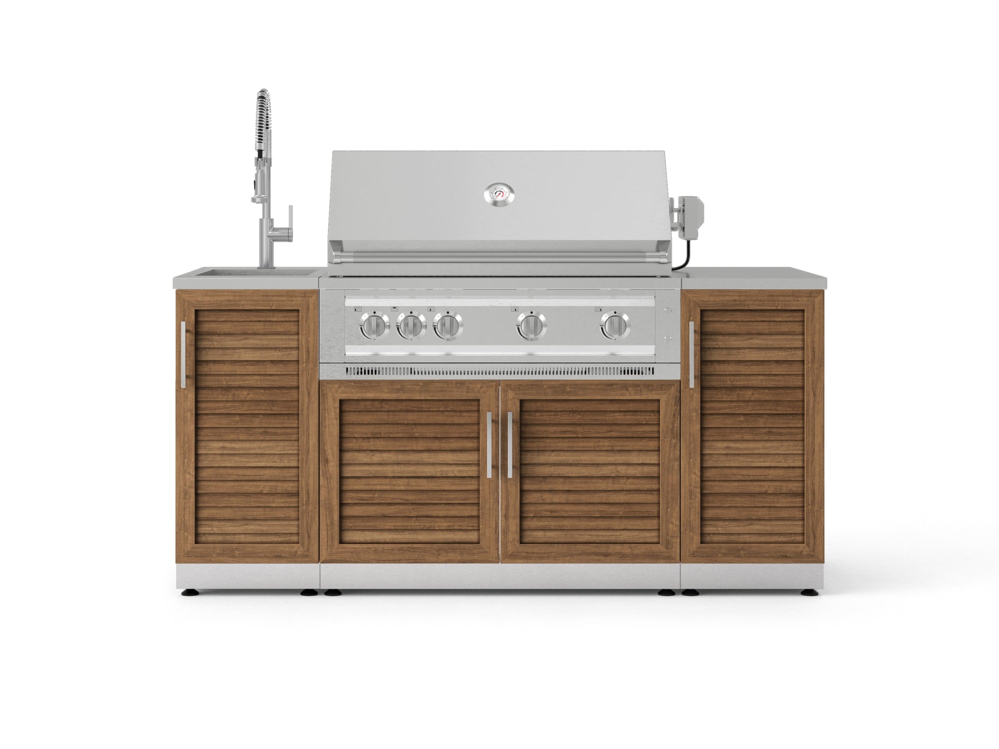 Outdoor Grill Island Stainless-Steel 5 Piece Cabinet Set with Sink, 1 Door, Grill Cabinet, Platinum Grill and Stainless Steel Countertop