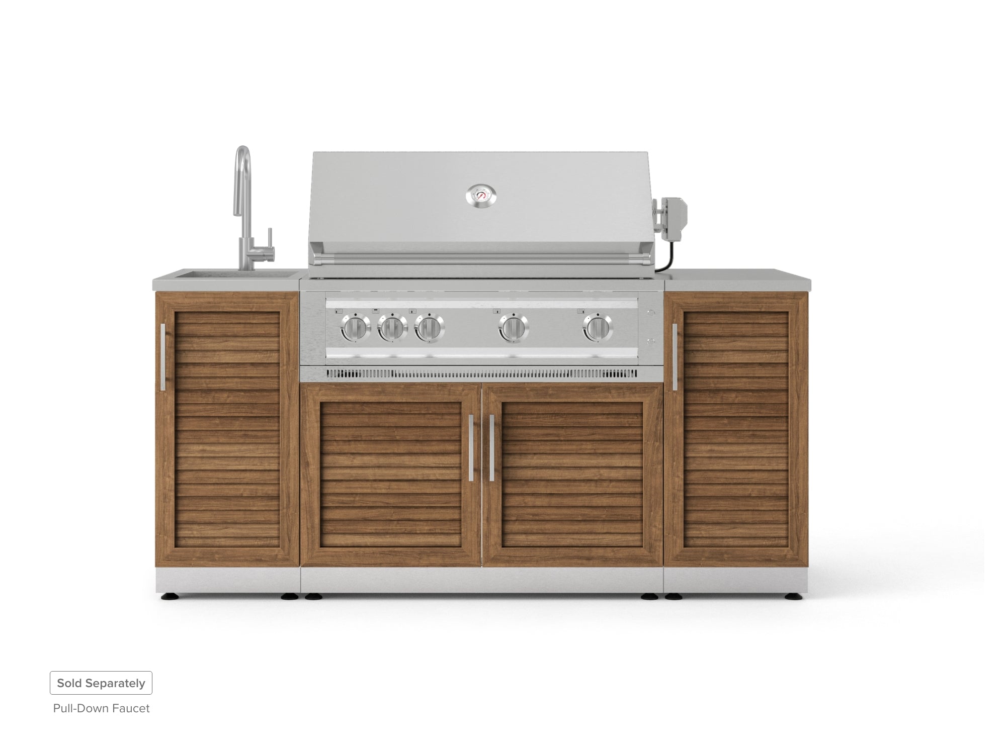 Outdoor Grill Island Stainless-Steel 5 Piece Cabinet Set with Sink, 1 Door, Grill Cabinet, Platinum Grill and Stainless Steel Countertop