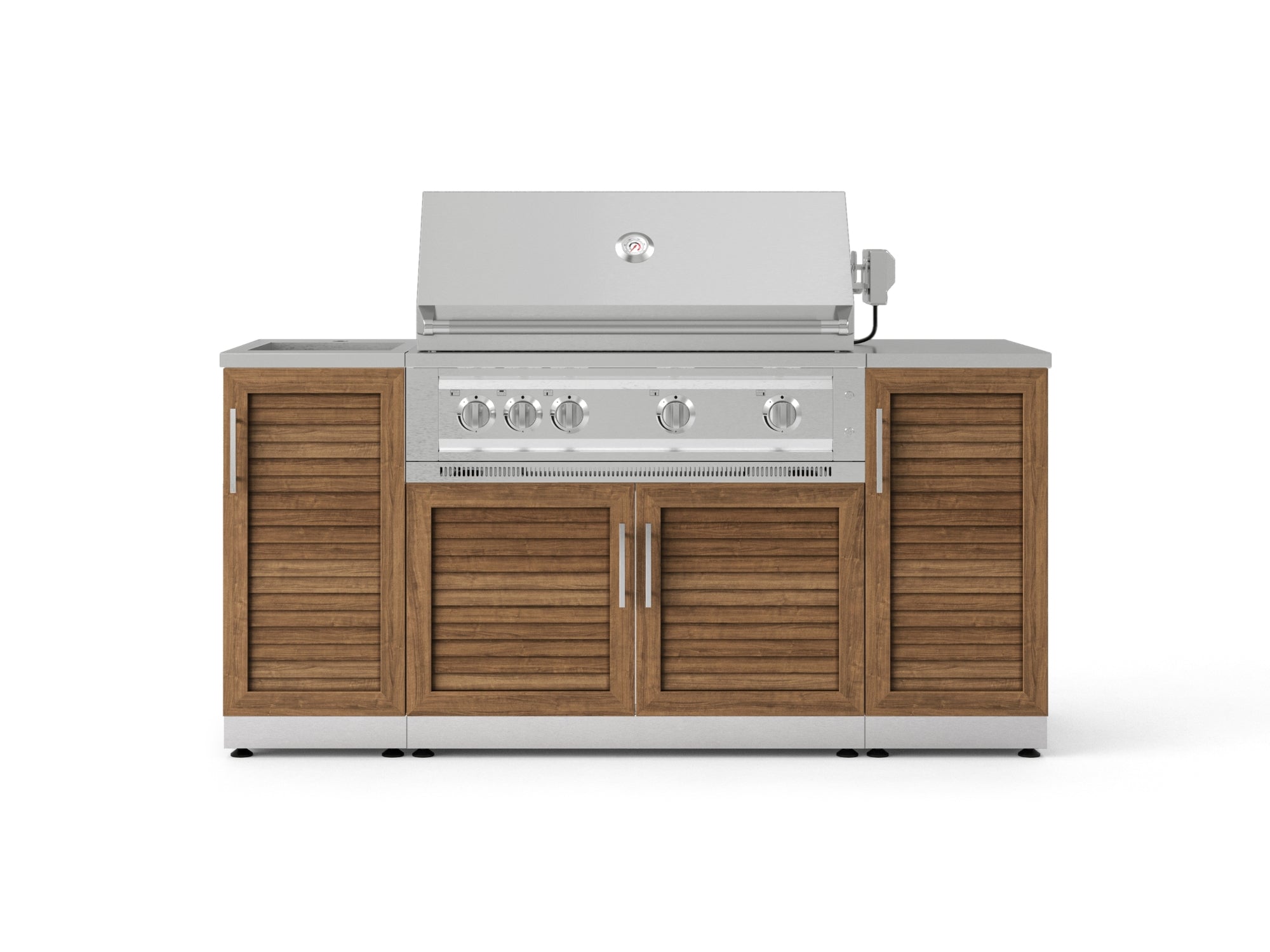Outdoor Grill Island Stainless-Steel 5 Piece Cabinet Set with Sink, 1 Door, Grill Cabinet, Platinum Grill and Stainless Steel Countertop