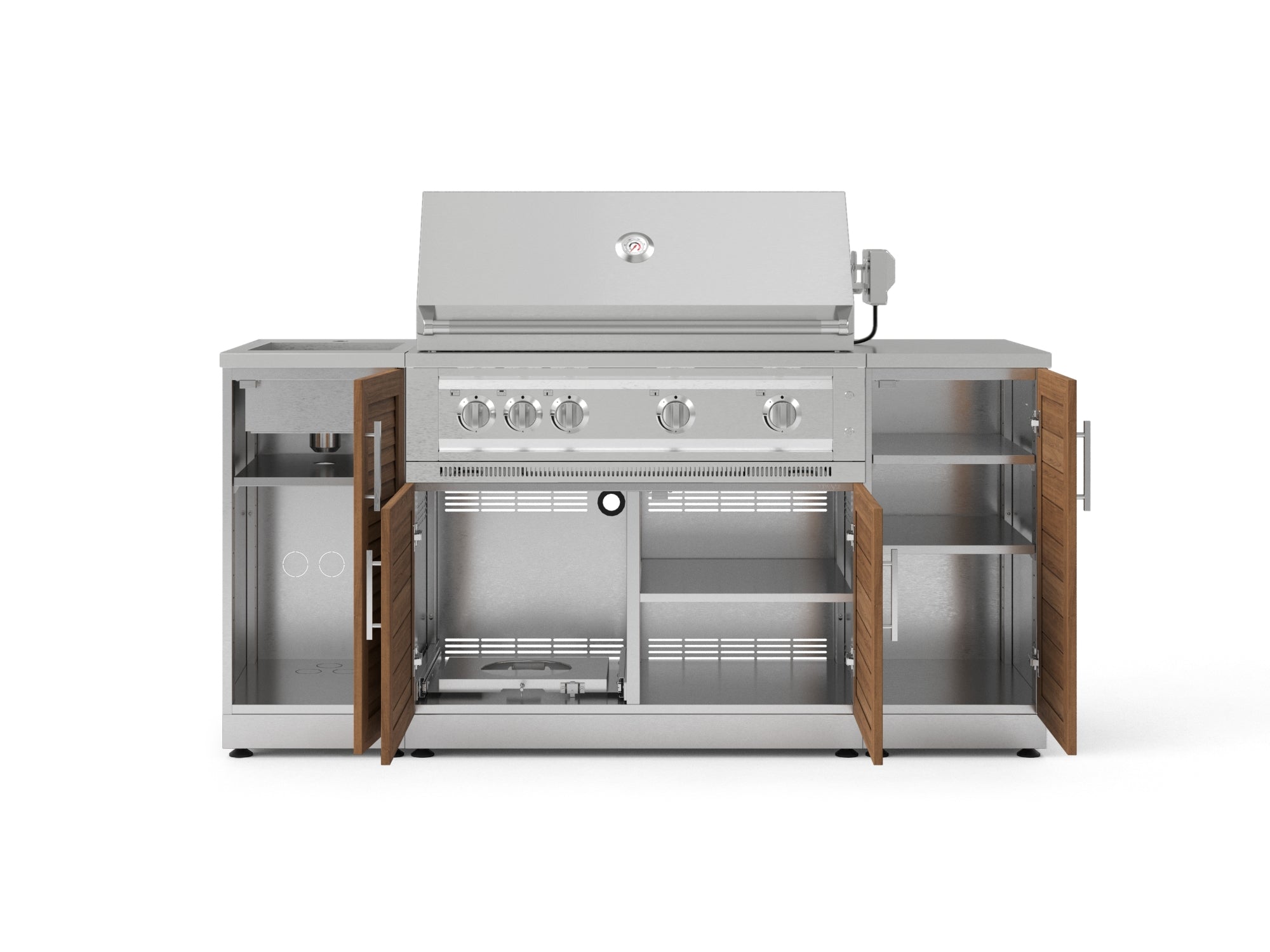 Outdoor Grill Island Stainless-Steel 5 Piece Cabinet Set with Sink, 1 Door, Grill Cabinet, Platinum Grill and Stainless Steel Countertop