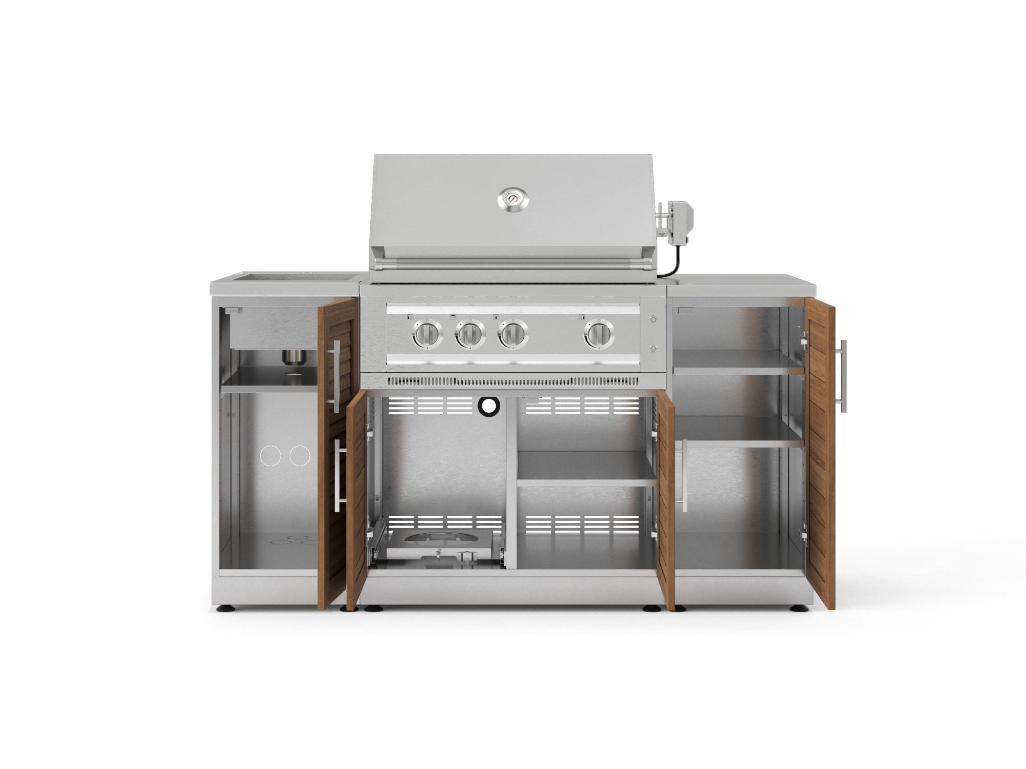 Outdoor Grill Island Stainless-Steel 5 Piece Cabinet Set with Sink, 1 Door, Grill Cabinet, Platinum Grill and Stainless Steel Countertop