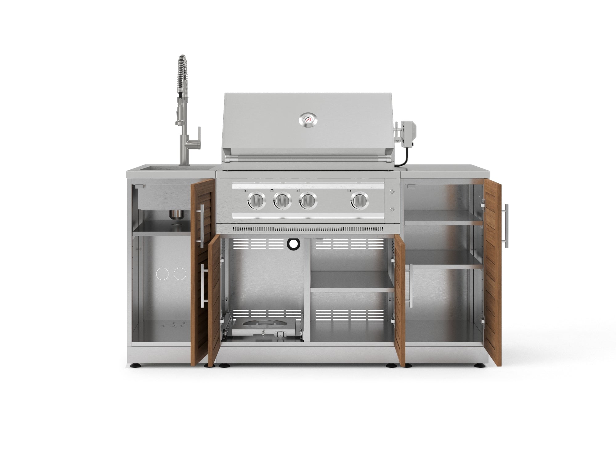 Outdoor Grill Island Stainless-Steel 5 Piece Cabinet Set with Sink, 1 Door, Grill Cabinet, Platinum Grill and Stainless Steel Countertop