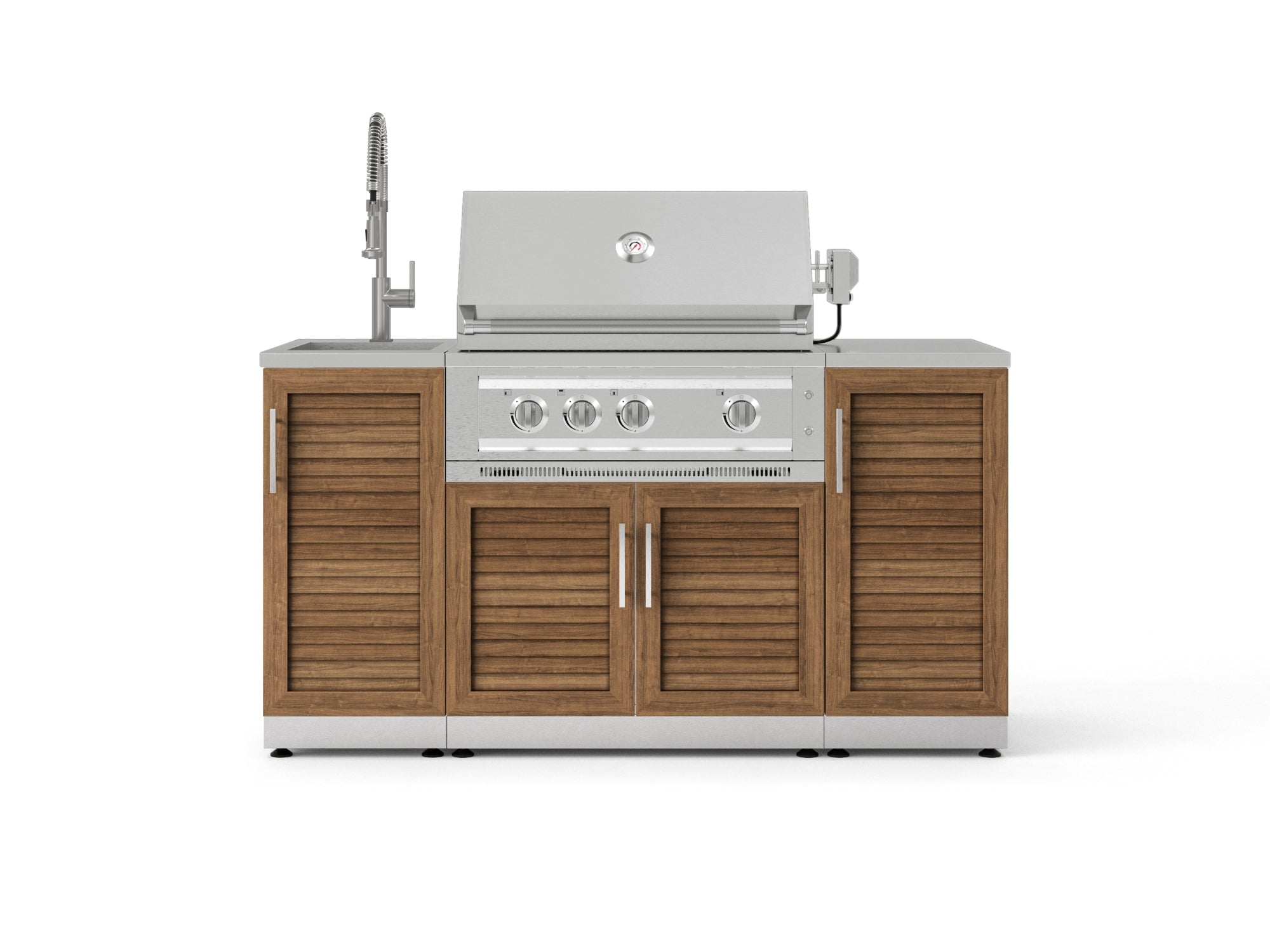 Outdoor Grill Island Stainless-Steel 5 Piece Cabinet Set with Sink, 1 Door, Grill Cabinet, Platinum Grill and Stainless Steel Countertop