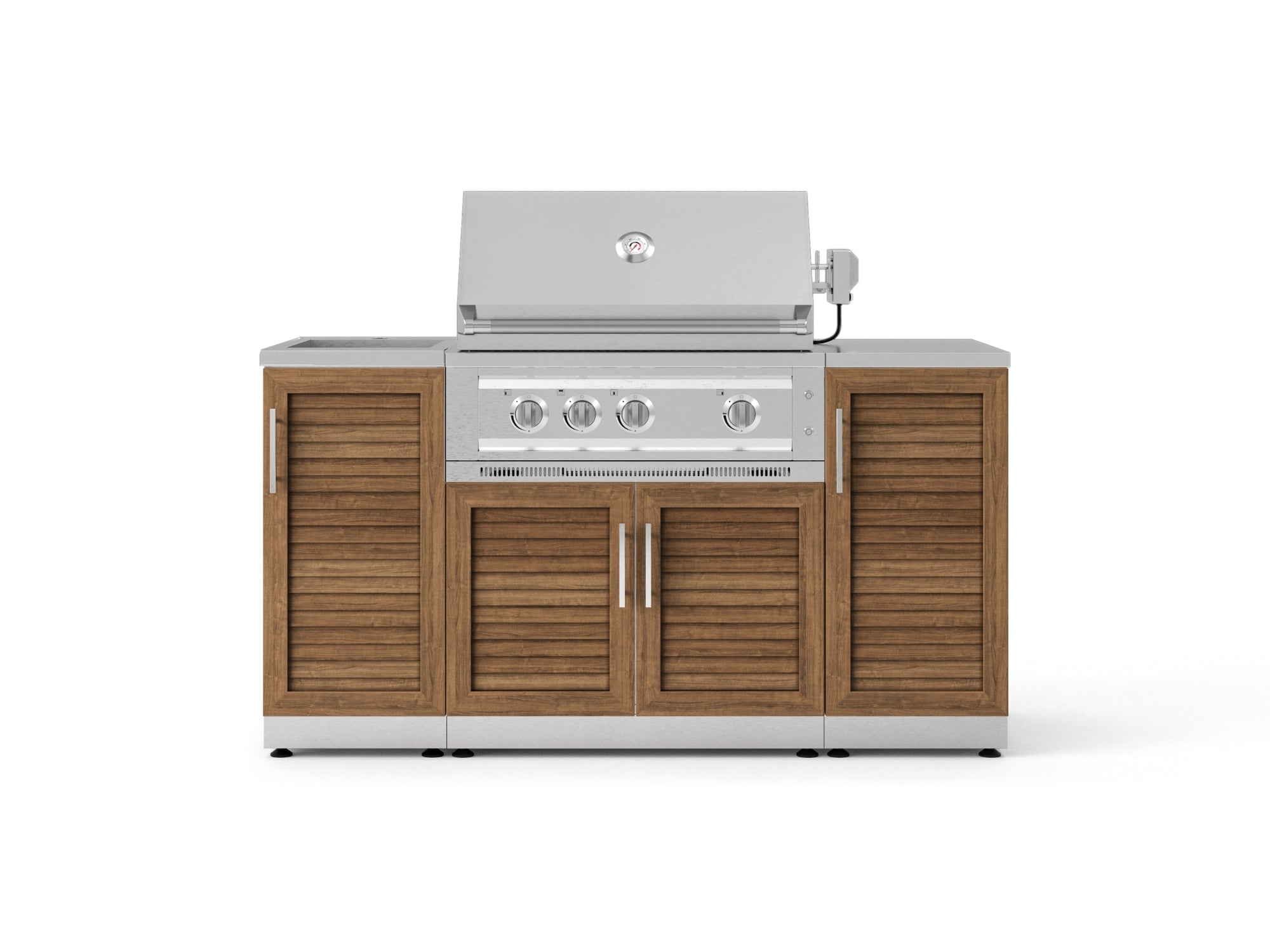 Outdoor Grill Island Stainless-Steel 5 Piece Cabinet Set with Sink, 1 Door, Grill Cabinet, Platinum Grill and Stainless Steel Countertop