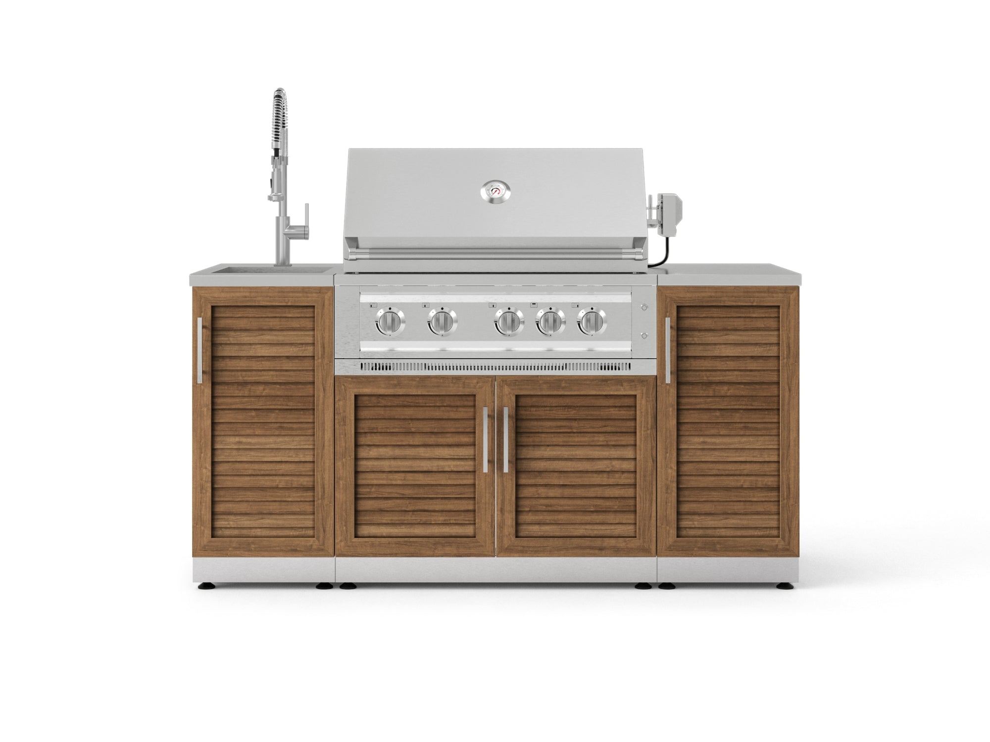 Outdoor Grill Island Stainless-Steel 5 Piece Cabinet Set with Sink, 1 Door, Grill Cabinet, Platinum Grill and Stainless Steel Countertop
