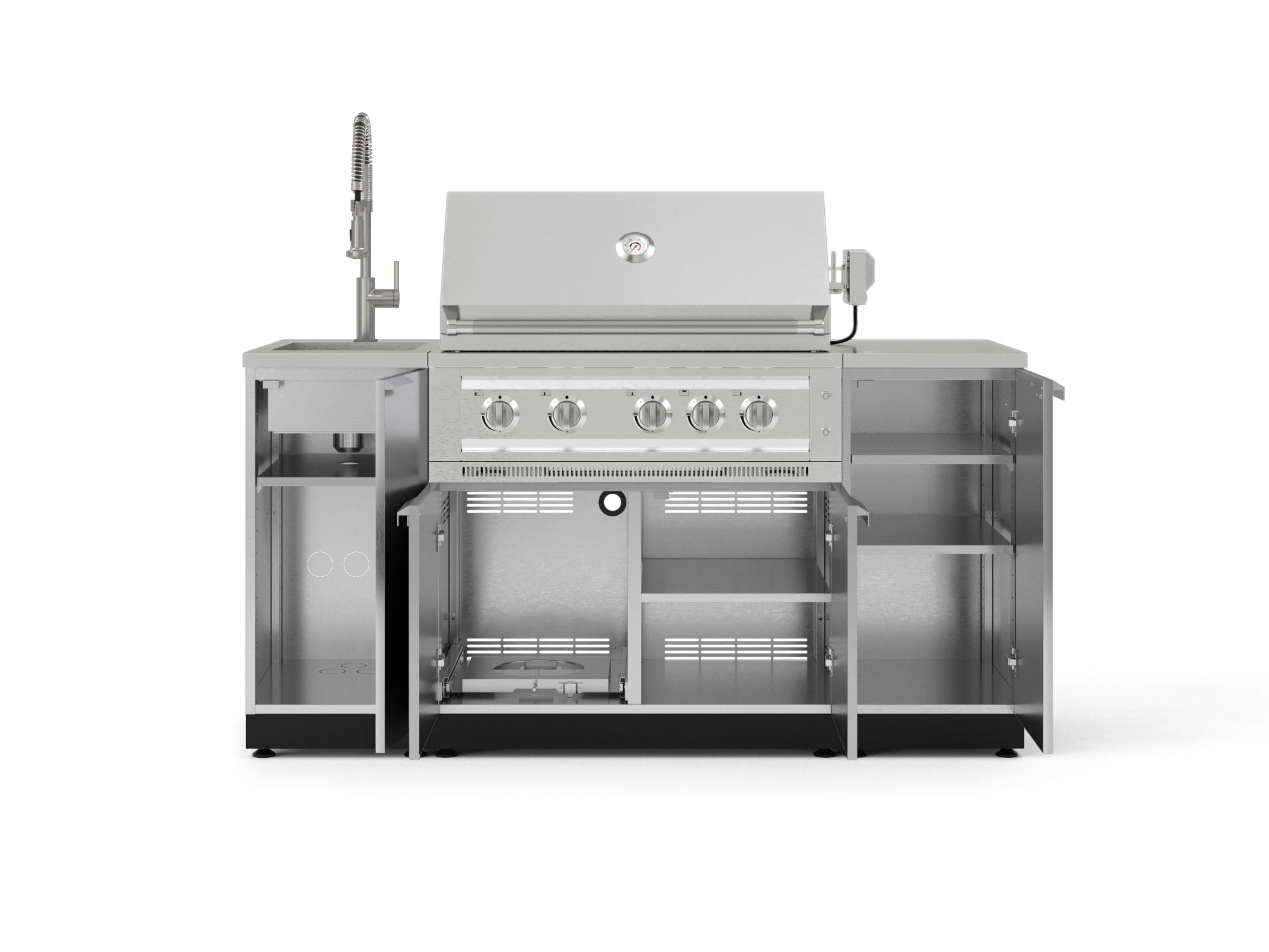 Outdoor Grill Island Stainless-Steel 5 Piece Cabinet Set with Sink, 1 Door, Grill Cabinet, Platinum Grill and Stainless Steel Countertop