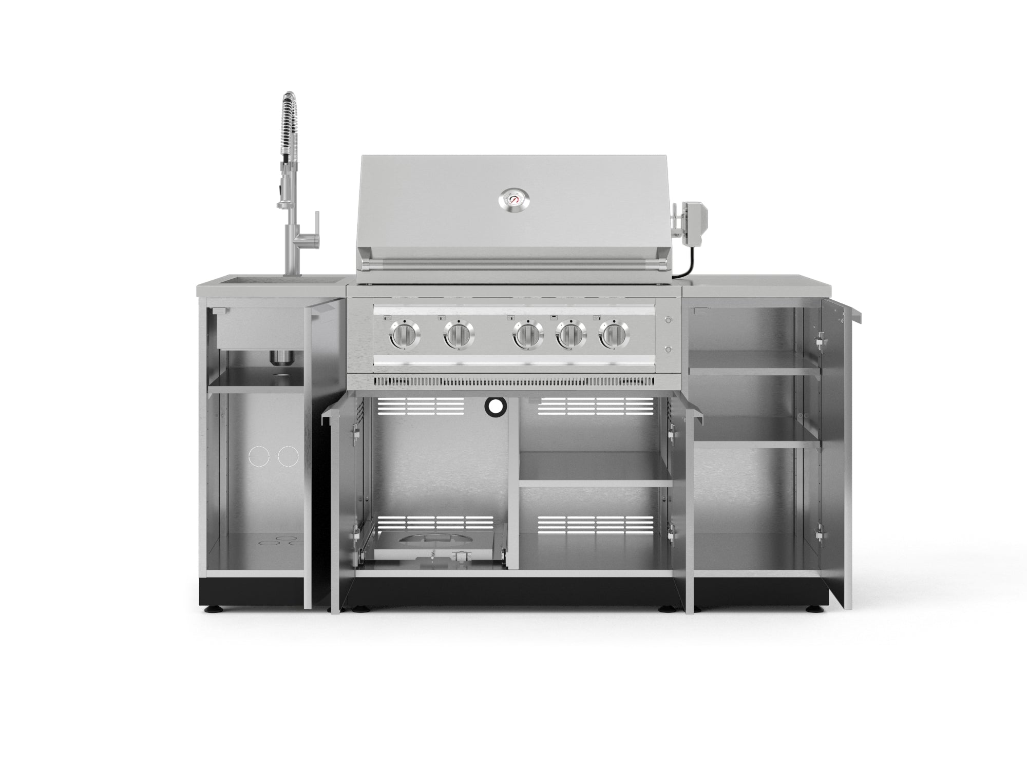Outdoor Grill Island Stainless-Steel 5 Piece Cabinet Set with Sink, 1 Door, Grill Cabinet, Platinum Grill and Stainless Steel Countertop