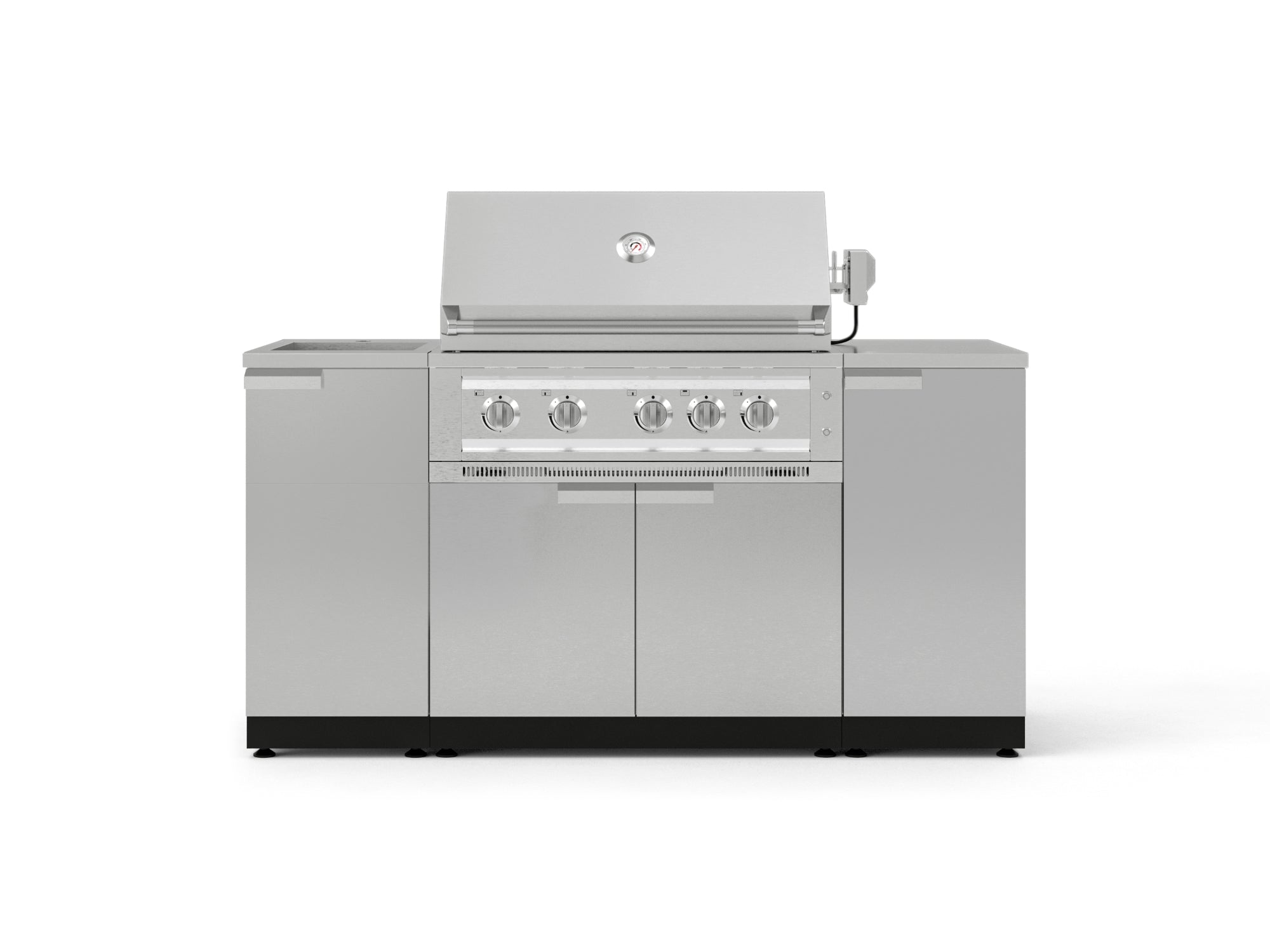 Outdoor Grill Island Stainless-Steel 5 Piece Cabinet Set with Sink, 1 Door, Grill Cabinet, Platinum Grill and Stainless Steel Countertop