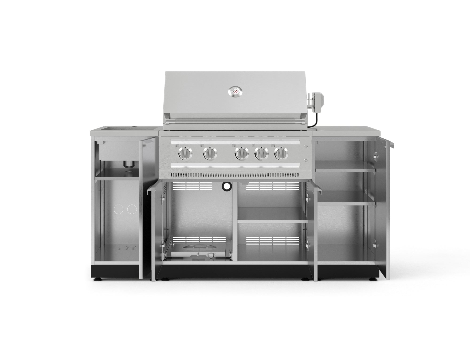 Outdoor Grill Island Stainless-Steel 5 Piece Cabinet Set with Sink, 1 Door, Grill Cabinet, Platinum Grill and Stainless Steel Countertop