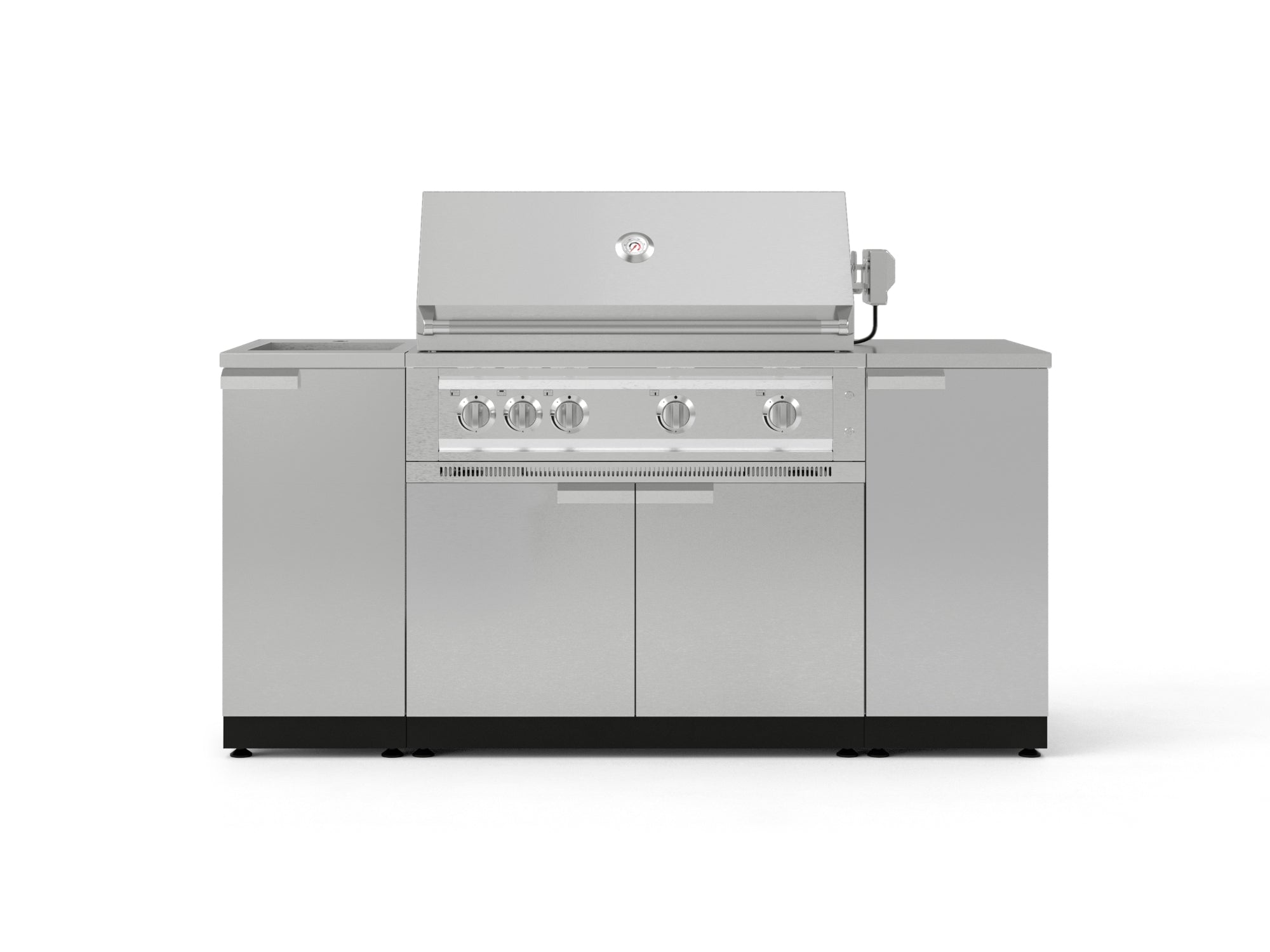 Outdoor Grill Island Stainless-Steel 5 Piece Cabinet Set with Sink, 1 Door, Grill Cabinet, Platinum Grill and Stainless Steel Countertop