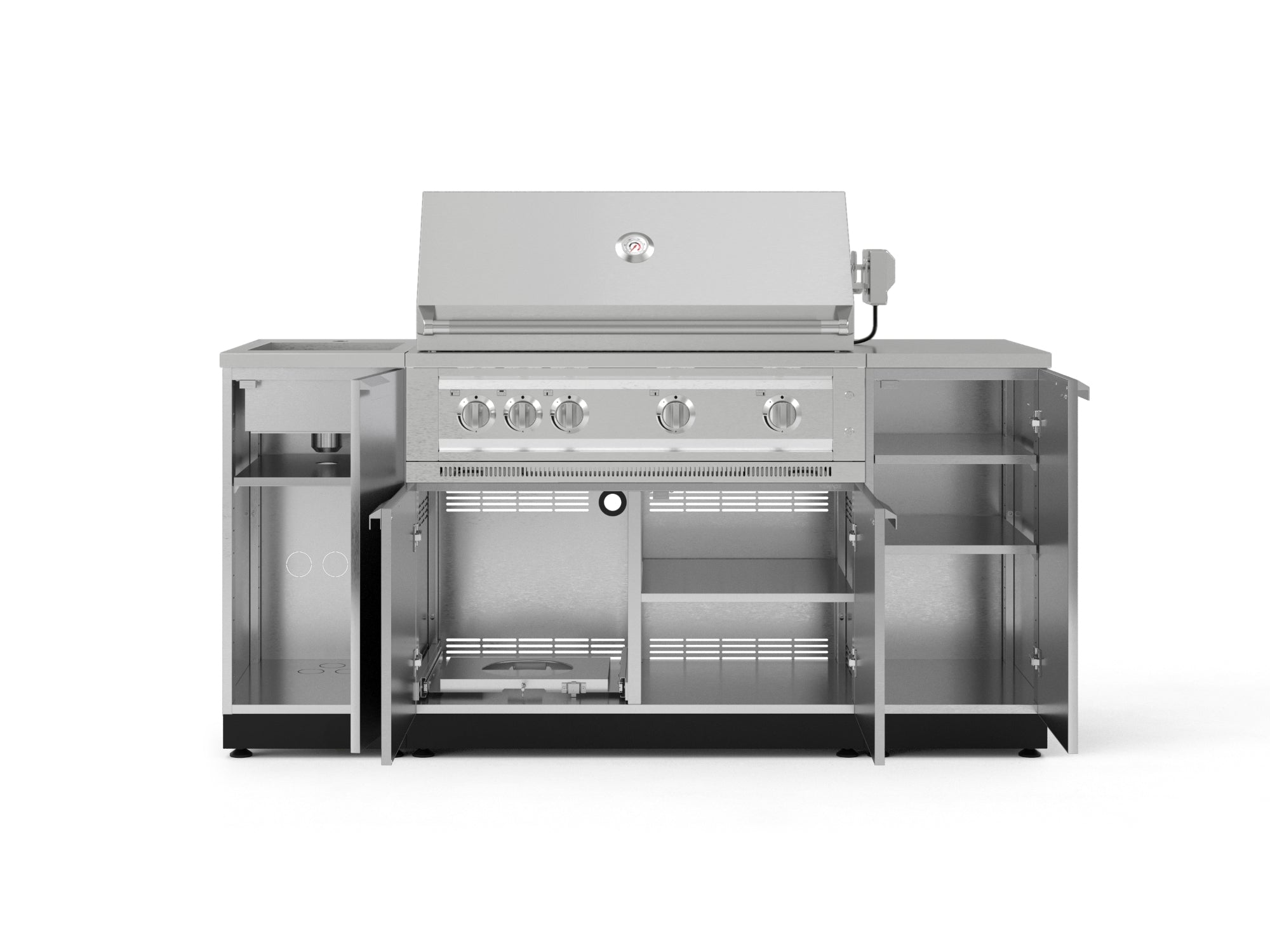 Outdoor Grill Island Stainless-Steel 5 Piece Cabinet Set with Sink, 1 Door, Grill Cabinet, Platinum Grill and Stainless Steel Countertop