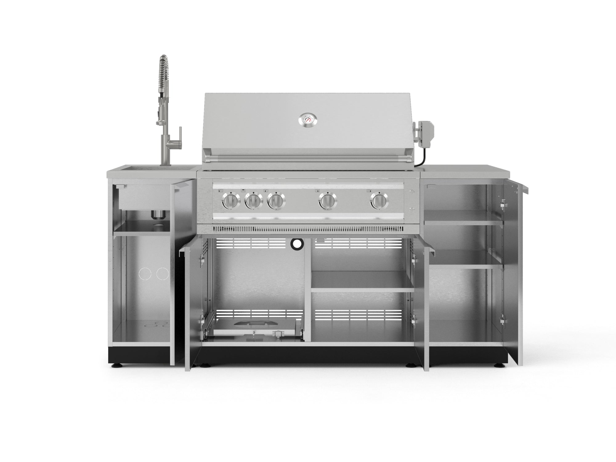 Outdoor Grill Island Stainless-Steel 5 Piece Cabinet Set with Sink, 1 Door, Grill Cabinet, Platinum Grill and Stainless Steel Countertop
