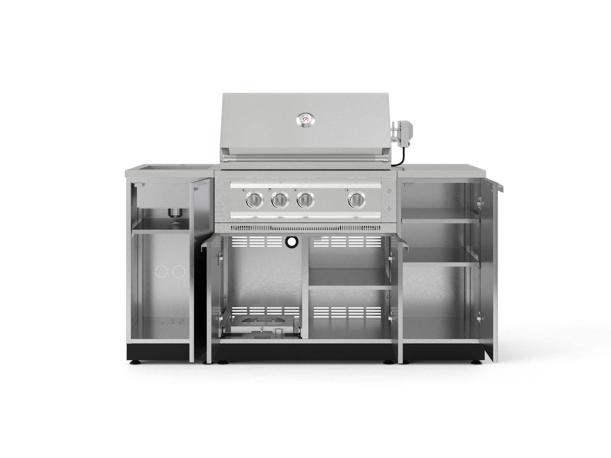 Outdoor Grill Island Stainless-Steel 5 Piece Cabinet Set with Sink, 1 Door, Grill Cabinet, Platinum Grill and Stainless Steel Countertop