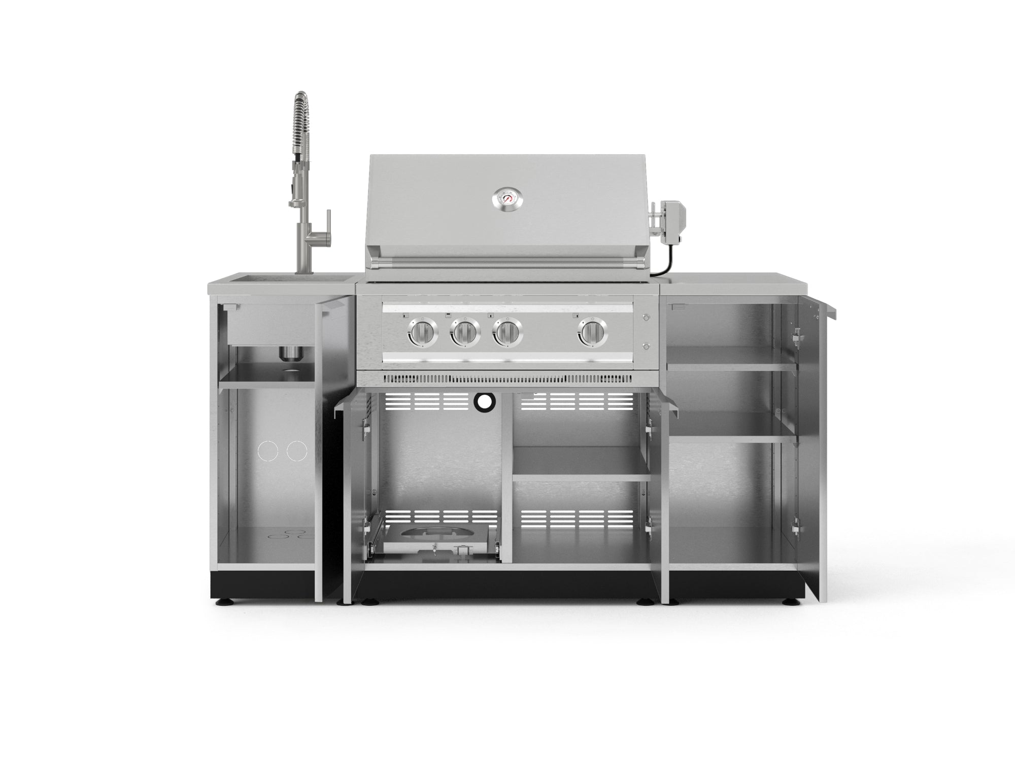Outdoor Grill Island Stainless-Steel 5 Piece Cabinet Set with Sink, 1 Door, Grill Cabinet, Platinum Grill and Stainless Steel Countertop