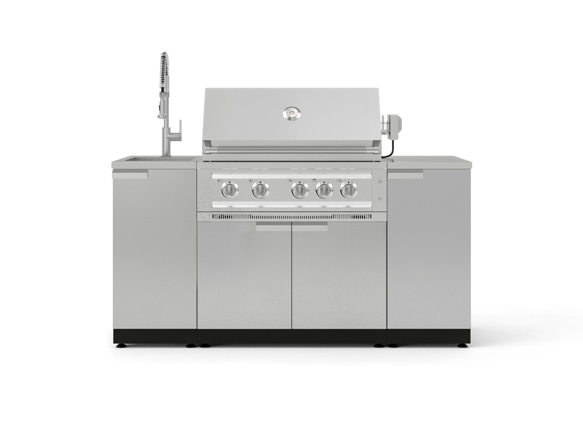 Outdoor Grill Island Stainless-Steel 5 Piece Cabinet Set with Sink, 1 Door, Grill Cabinet, Platinum Grill and Stainless Steel Countertop