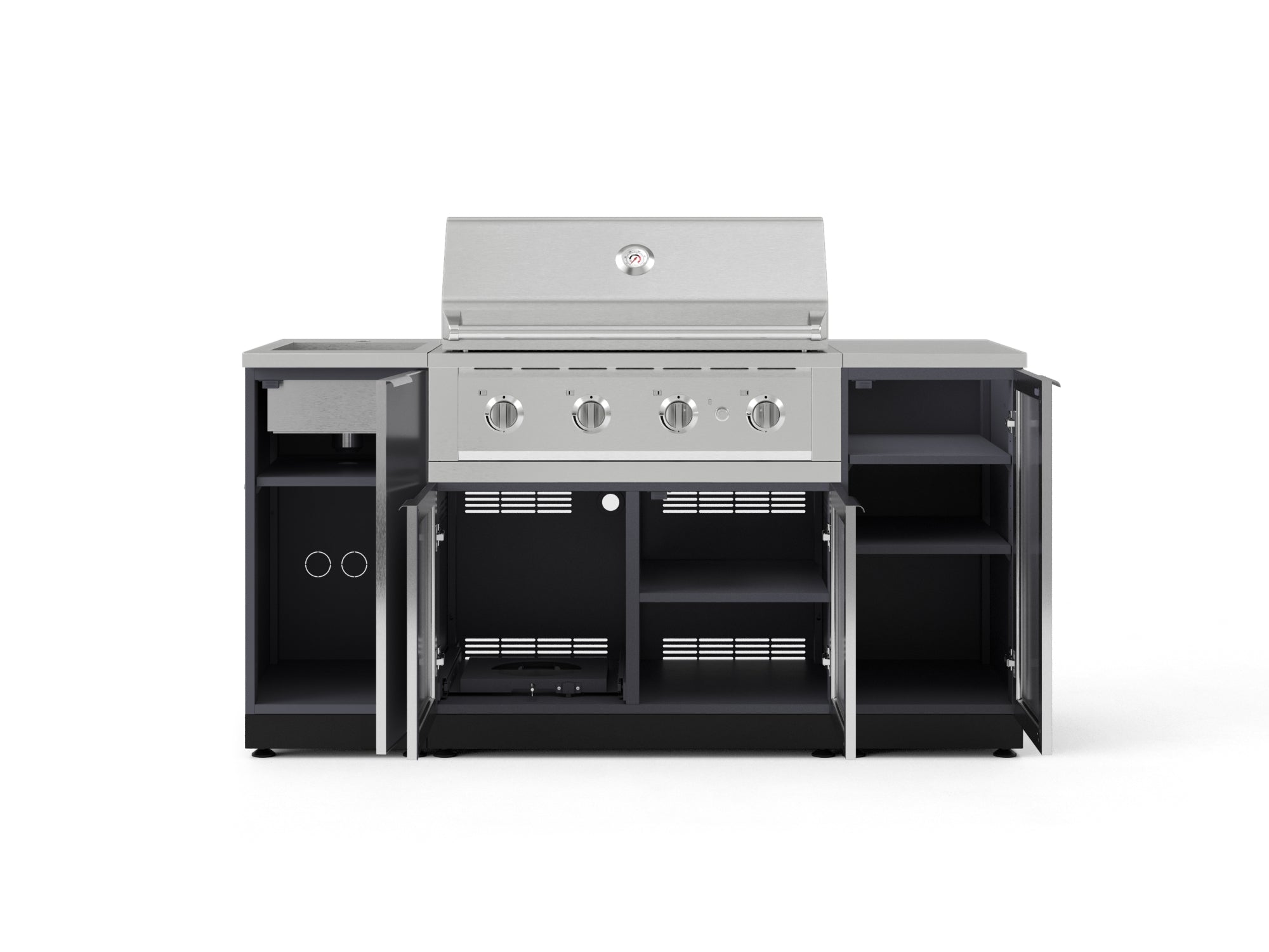 Outdoor Grill Island Aluminum 5 Piece Cabinet Set with Sink, 1 Door, Grill Cabinet, Performance Grill and Stainless Steel Countertop