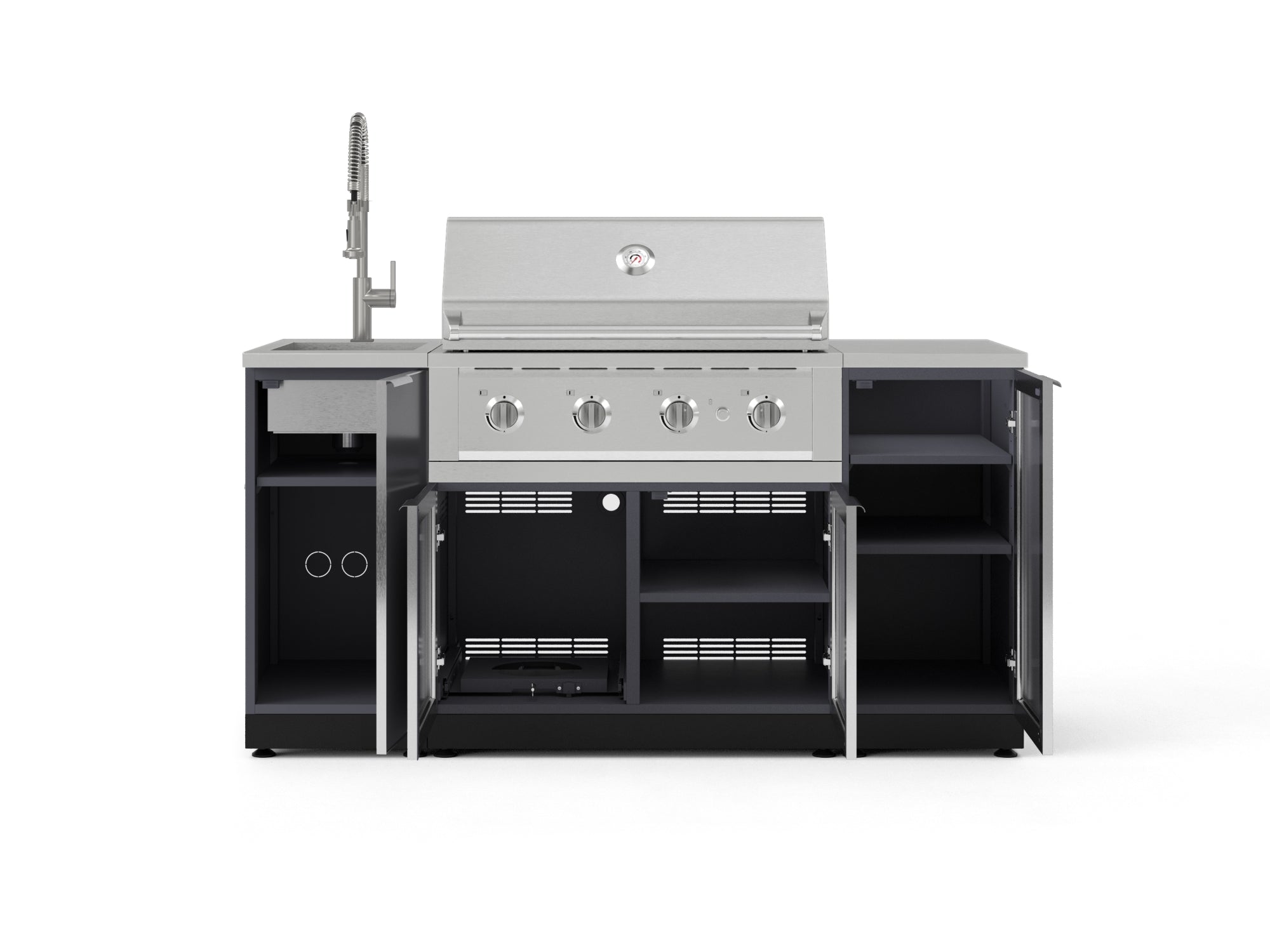 Outdoor Grill Island Aluminum 5 Piece Cabinet Set with Sink, 1 Door, Grill Cabinet, Performance Grill and Stainless Steel Countertop